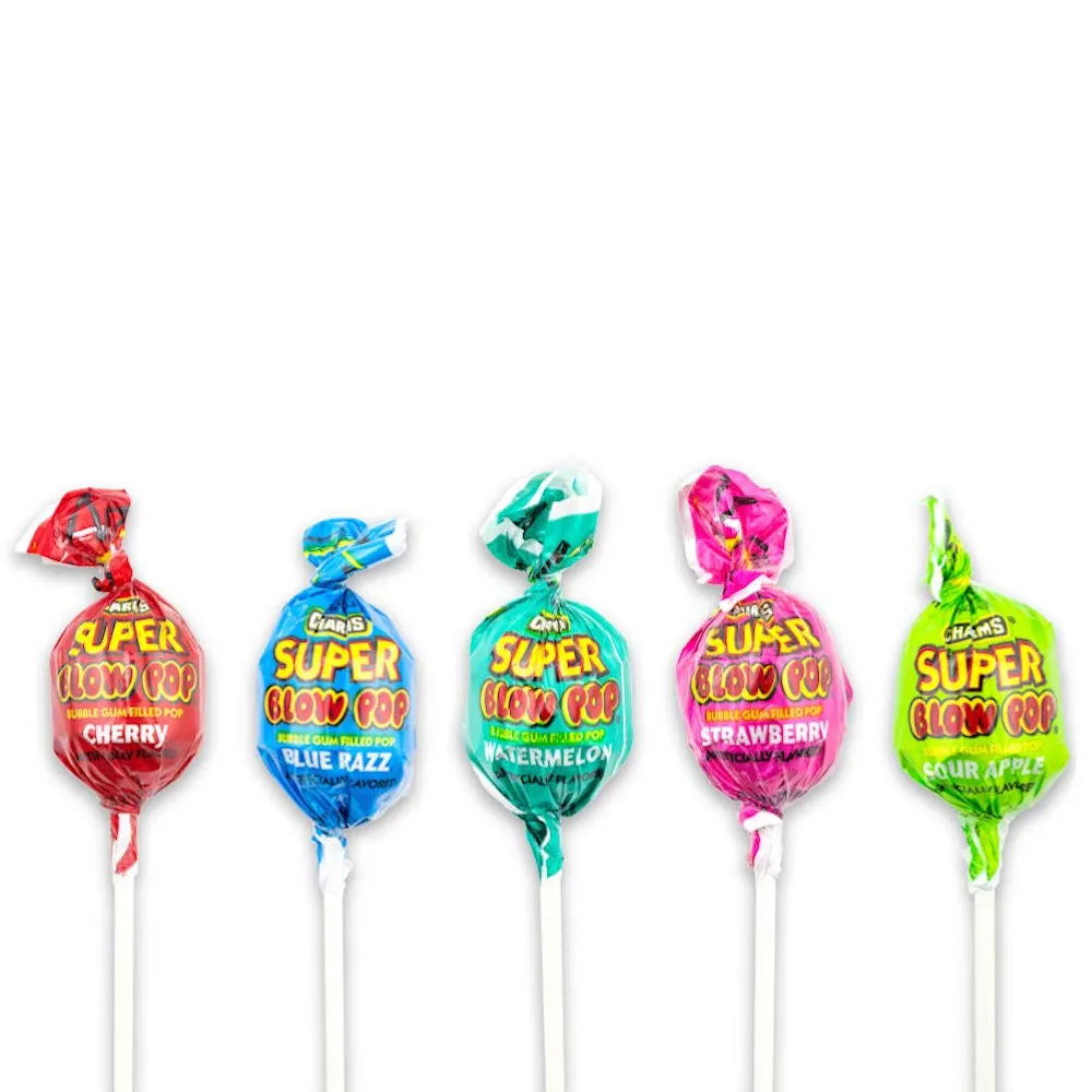 4 PC Charms Super Blow Pops Lollipops Sucker Stick Candy Gum Assorted Flavors