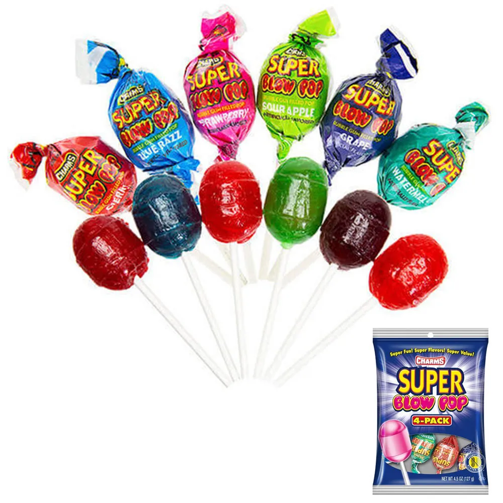 4 PC Charms Super Blow Pops Lollipops Sucker Stick Candy Gum Assorted Flavors