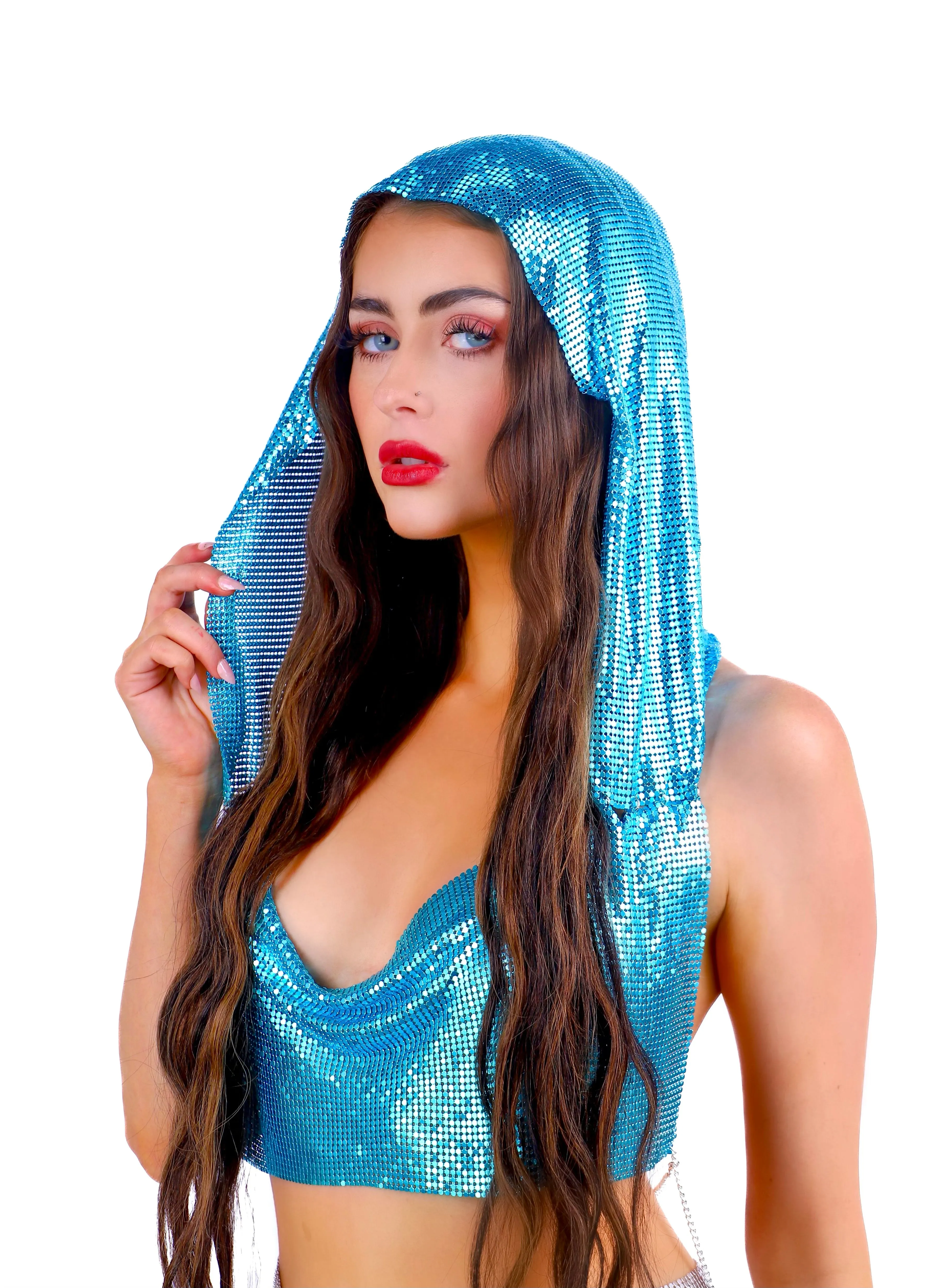Aqua Hooded Metallic Top