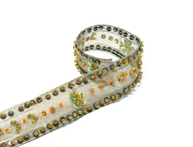 Beaded Embroidered Olive Green Organza Trim 1" - 1 Yard