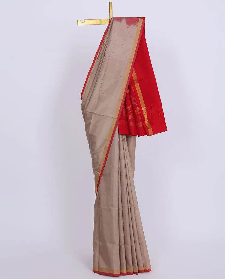 Beige uppada saree with unique buttas, contrast plain border & pallu of floral jaal designs