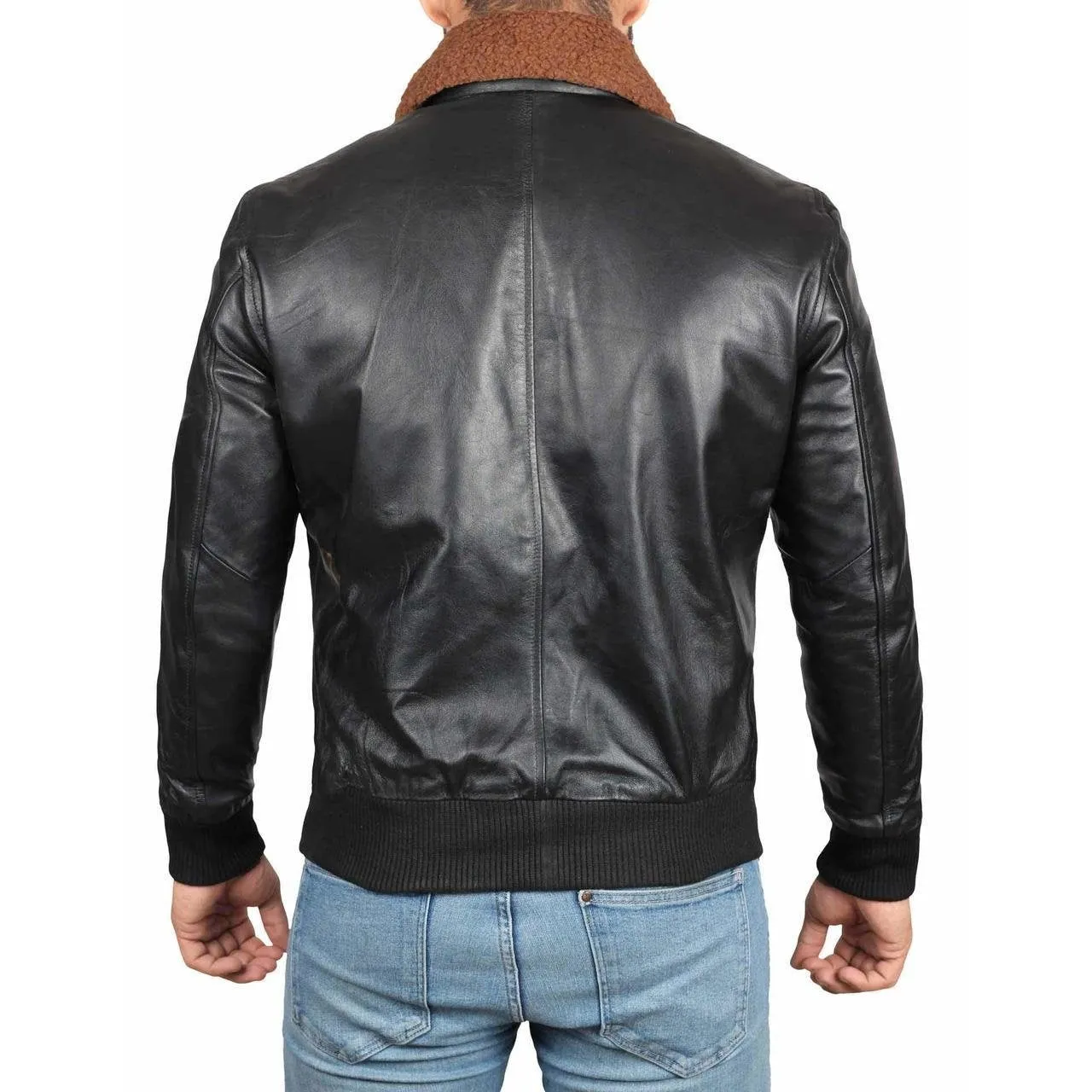 Black fitted Shearling Leather Jacket For Men