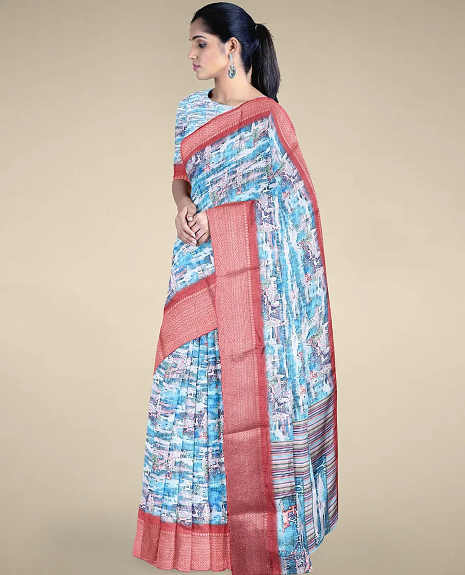 Blue abstract-style printed semi banaras dola saree, contrast border of unique designs & geometric patterned pallu