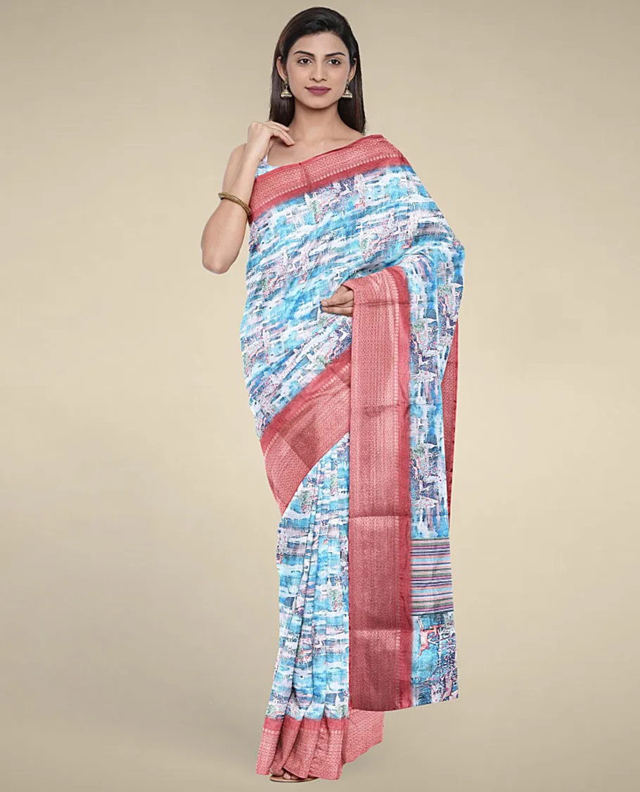 Blue abstract-style printed semi banaras dola saree, contrast border of unique designs & geometric patterned pallu