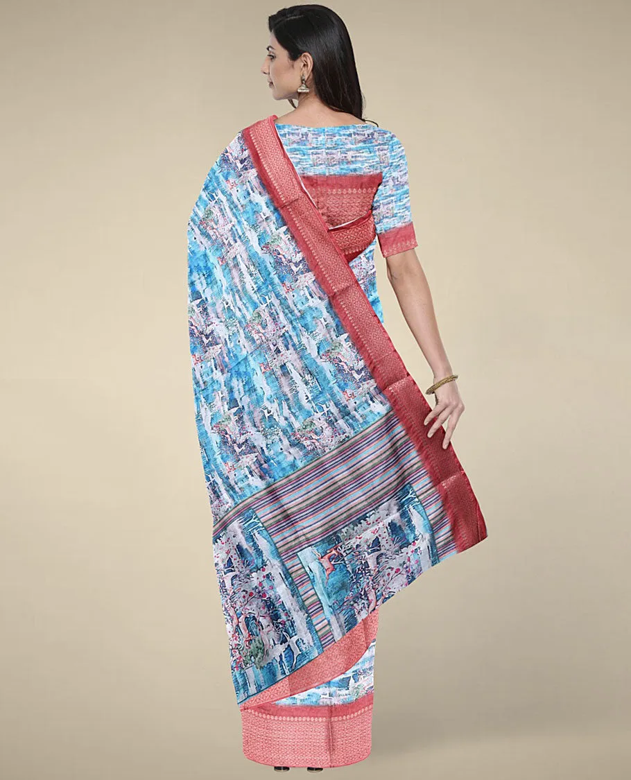 Blue abstract-style printed semi banaras dola saree, contrast border of unique designs & geometric patterned pallu