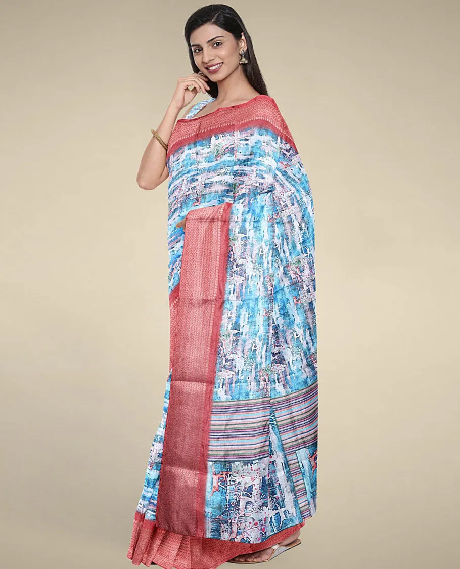 Blue abstract-style printed semi banaras dola saree, contrast border of unique designs & geometric patterned pallu