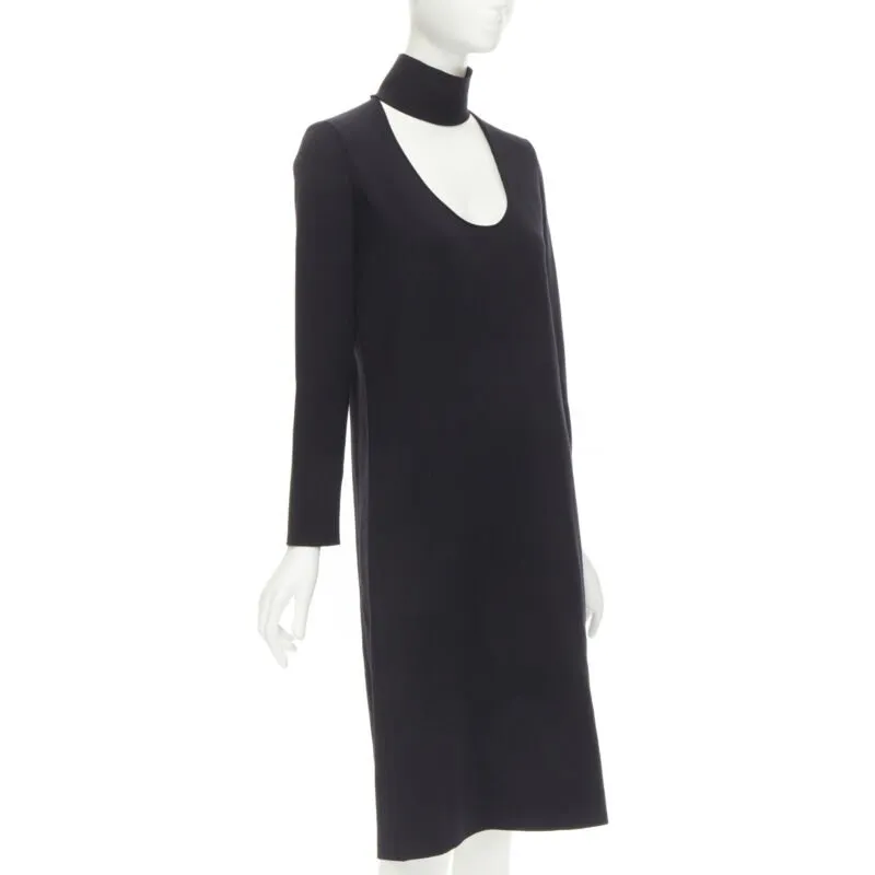BOTTEGA VENETA 2019 Runway black thick wool blend cut out collar dress IT38 XS