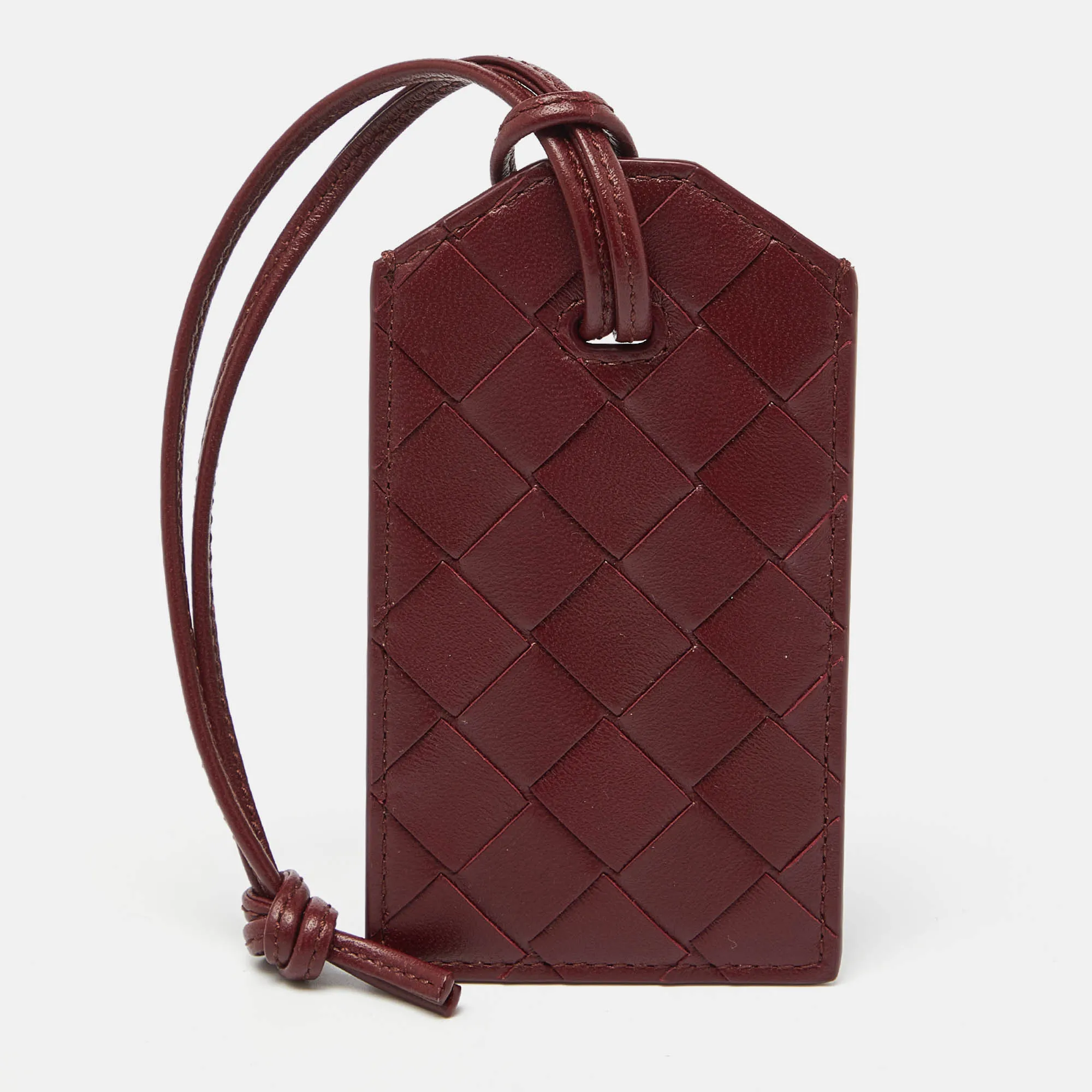 BOTTEGA VENETA Maroon Intrecciato Leather Name Tag Holder