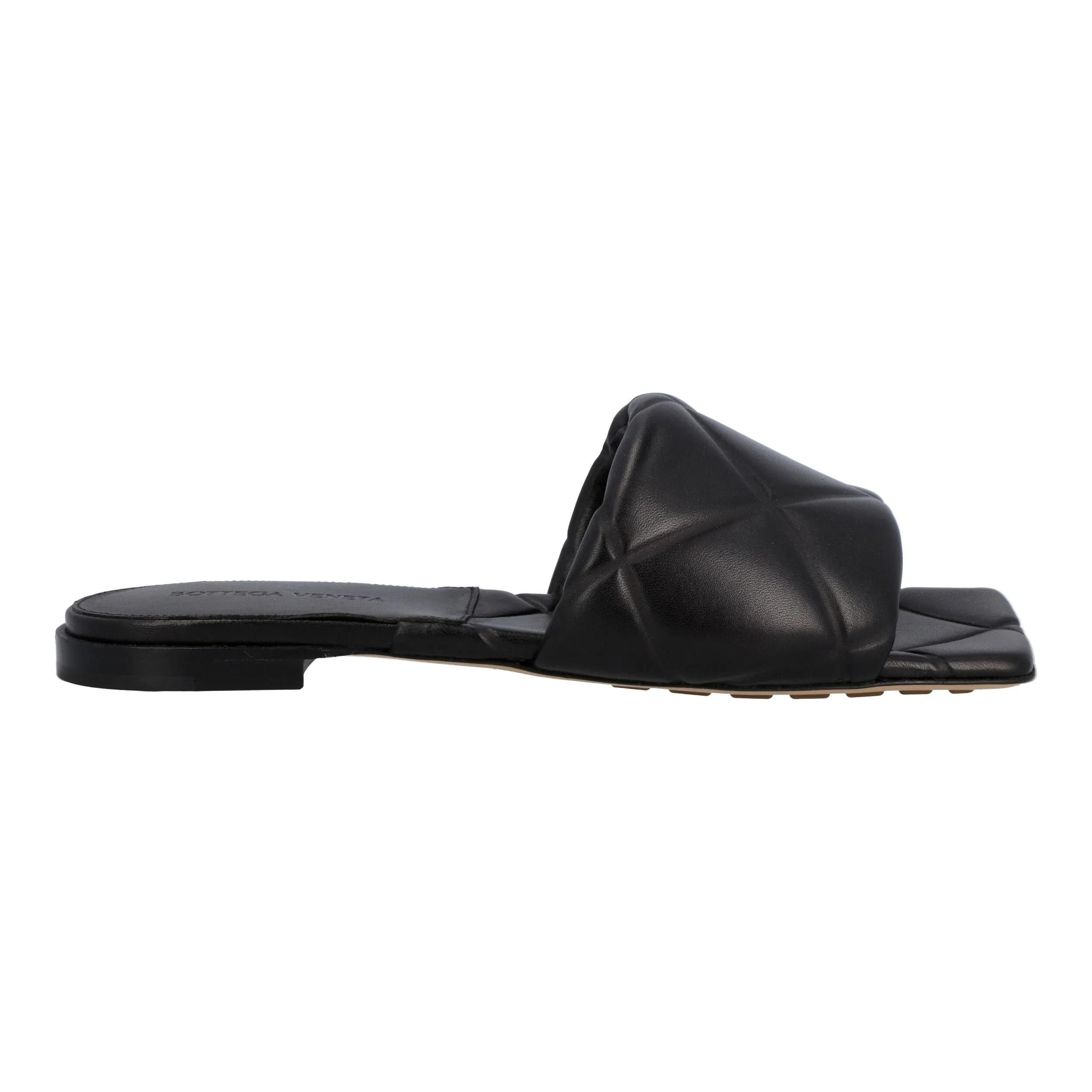 Bottega Veneta Women Rubber Lido Flat Sandal in Black Lambskin