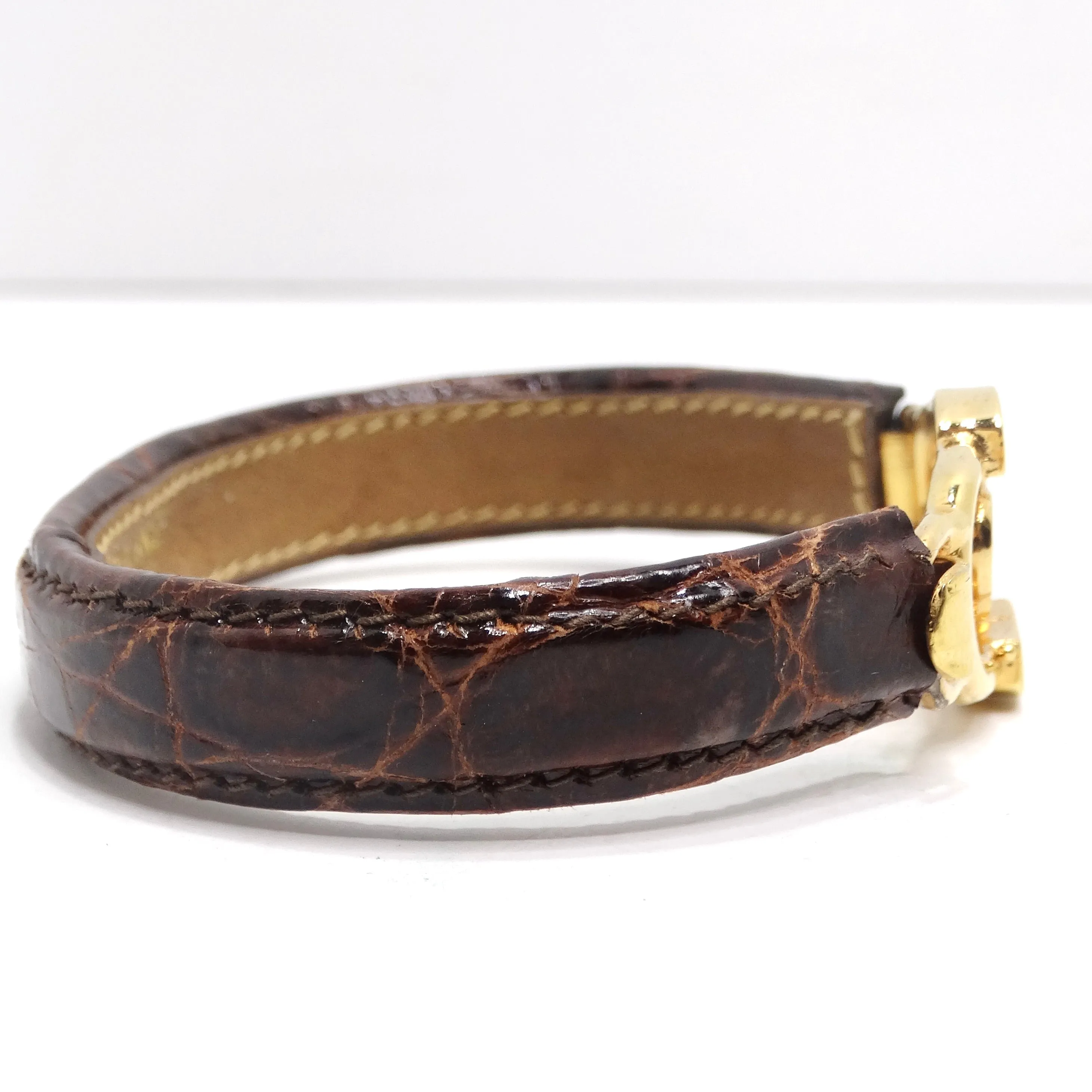 Celine 1990s Gold Tone Horse Emblem Leather Bracelet