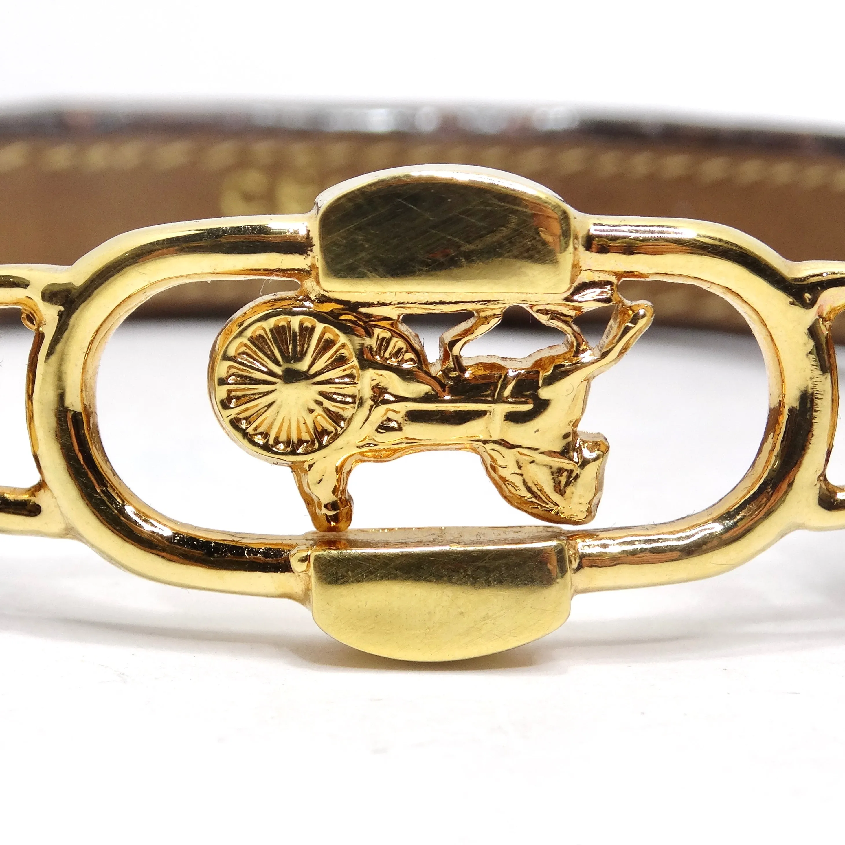 Celine 1990s Gold Tone Horse Emblem Leather Bracelet