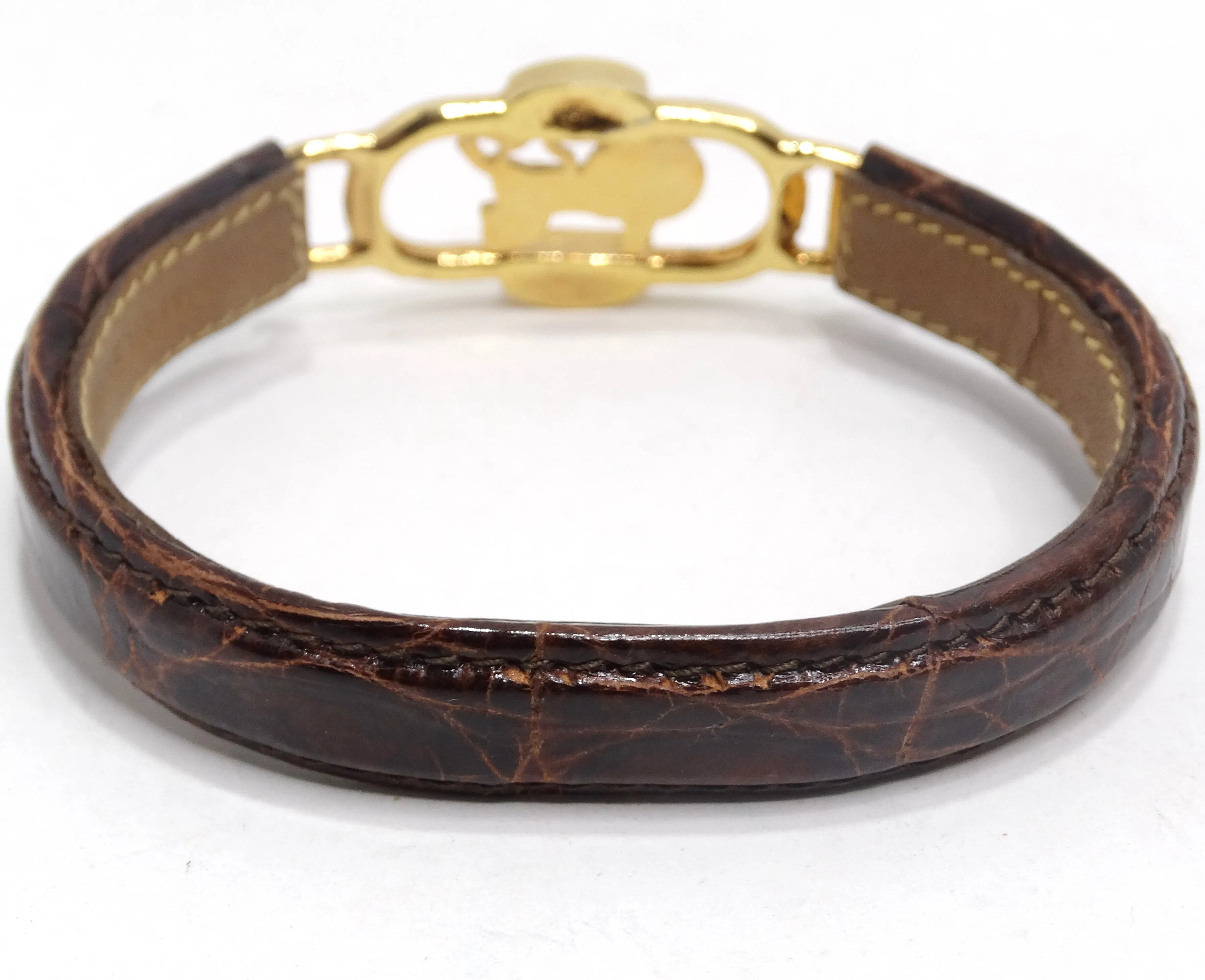 Celine 1990s Gold Tone Horse Emblem Leather Bracelet