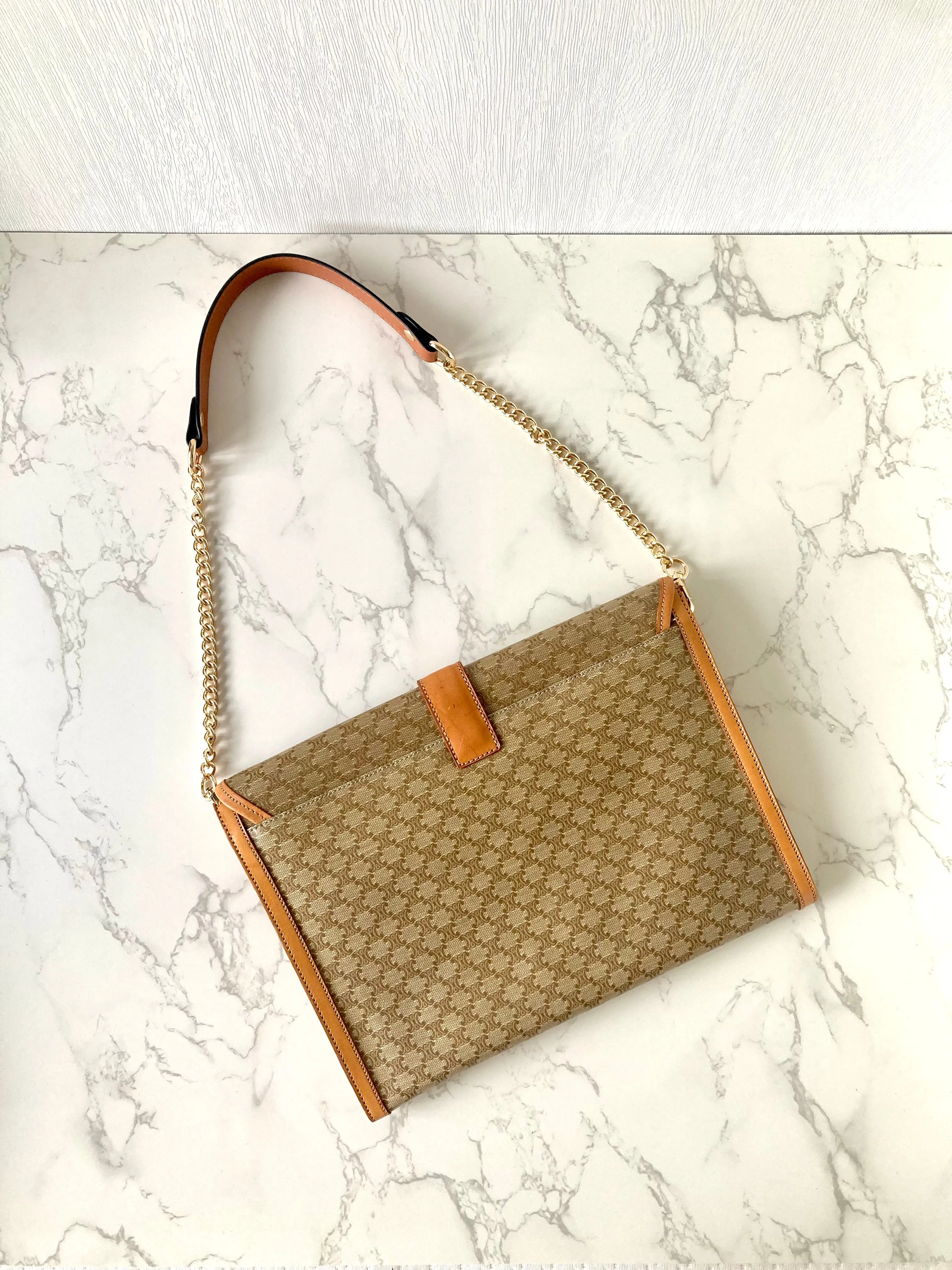 CELINE Beige Monogram Macadam Envelope Two-way Shoulder or Crossbody Bag / Clutch