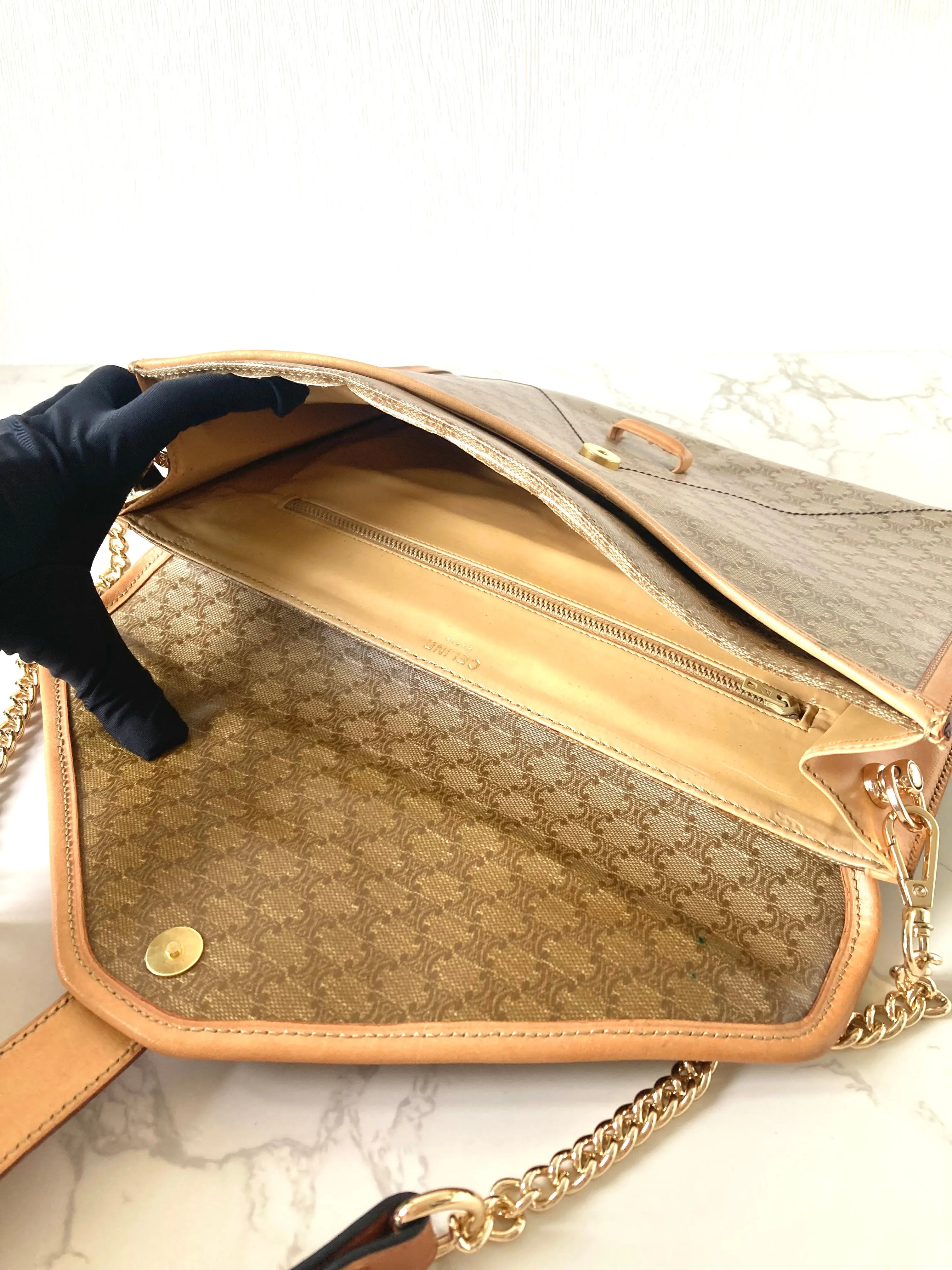 CELINE Beige Monogram Macadam Envelope Two-way Shoulder or Crossbody Bag / Clutch