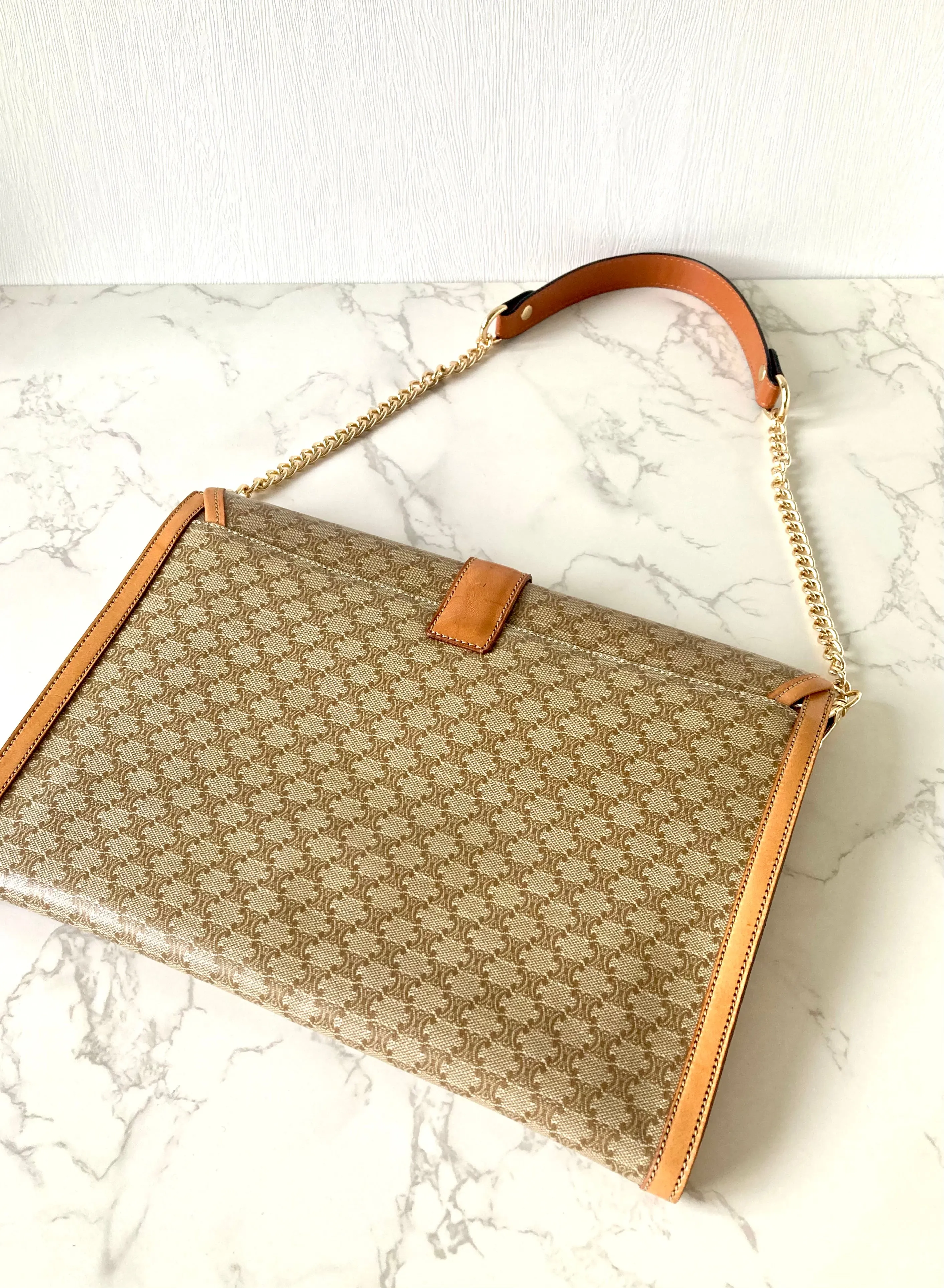 CELINE Beige Monogram Macadam Envelope Two-way Shoulder or Crossbody Bag / Clutch