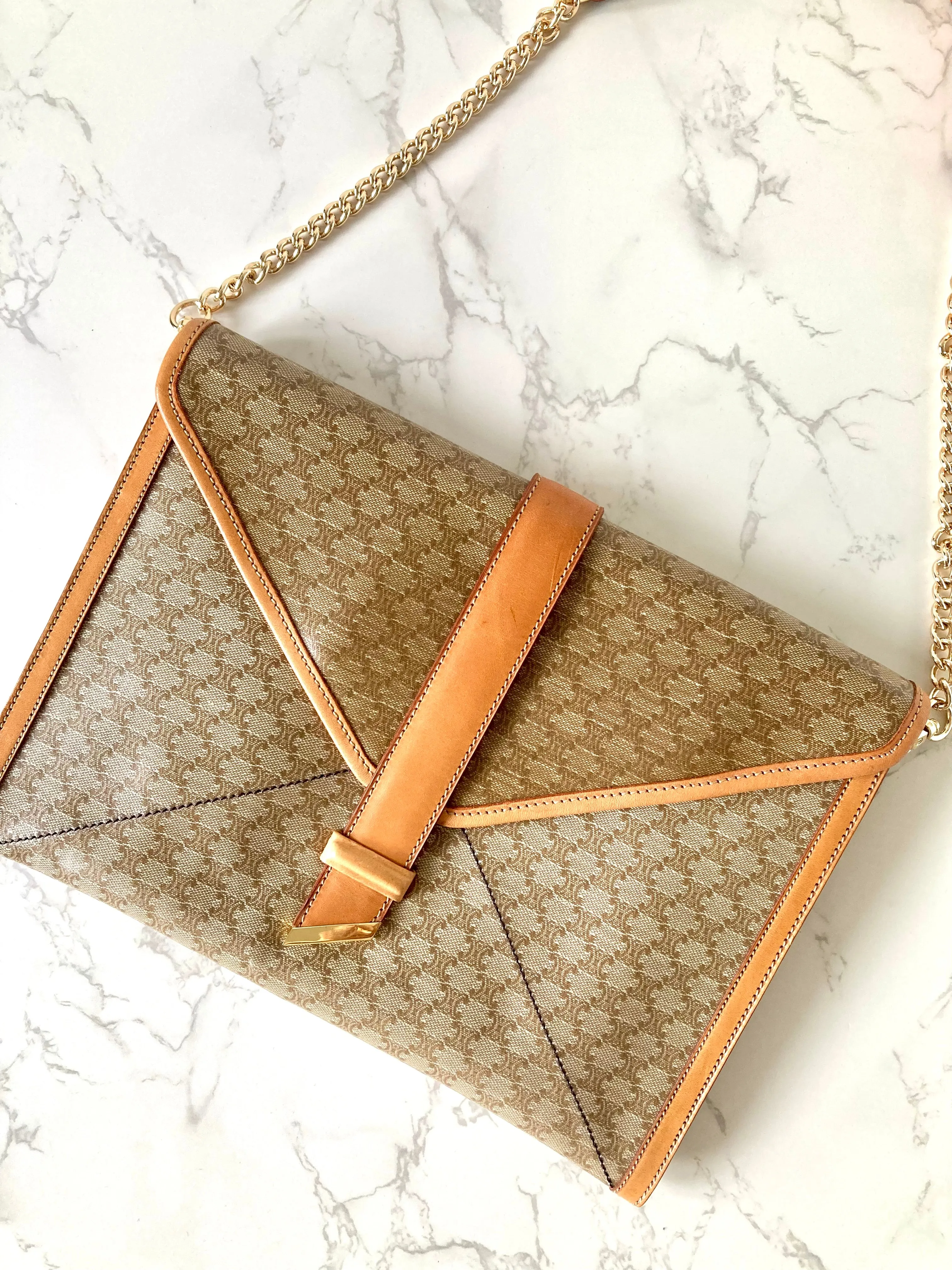 CELINE Beige Monogram Macadam Envelope Two-way Shoulder or Crossbody Bag / Clutch