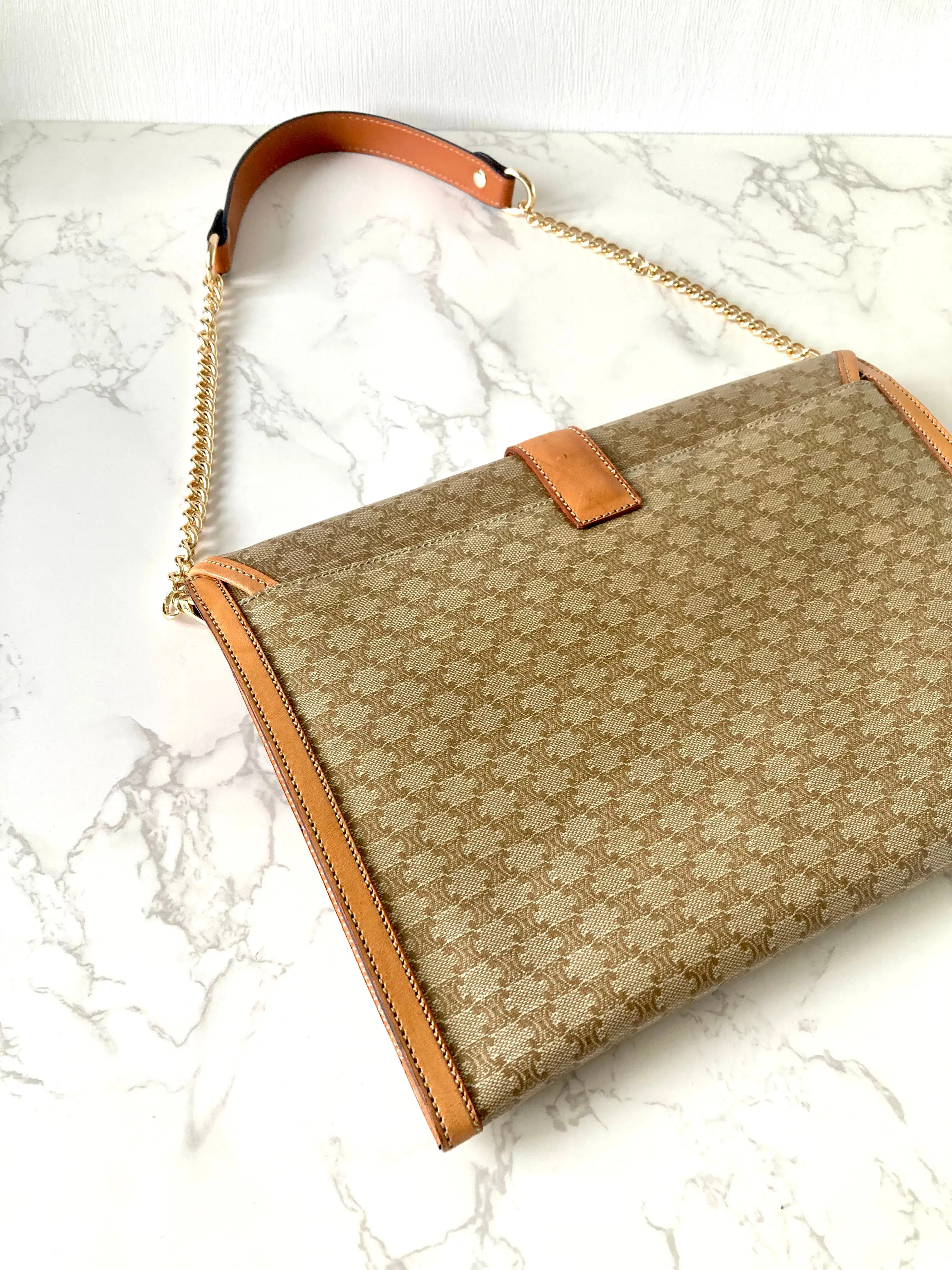 CELINE Beige Monogram Macadam Envelope Two-way Shoulder or Crossbody Bag / Clutch