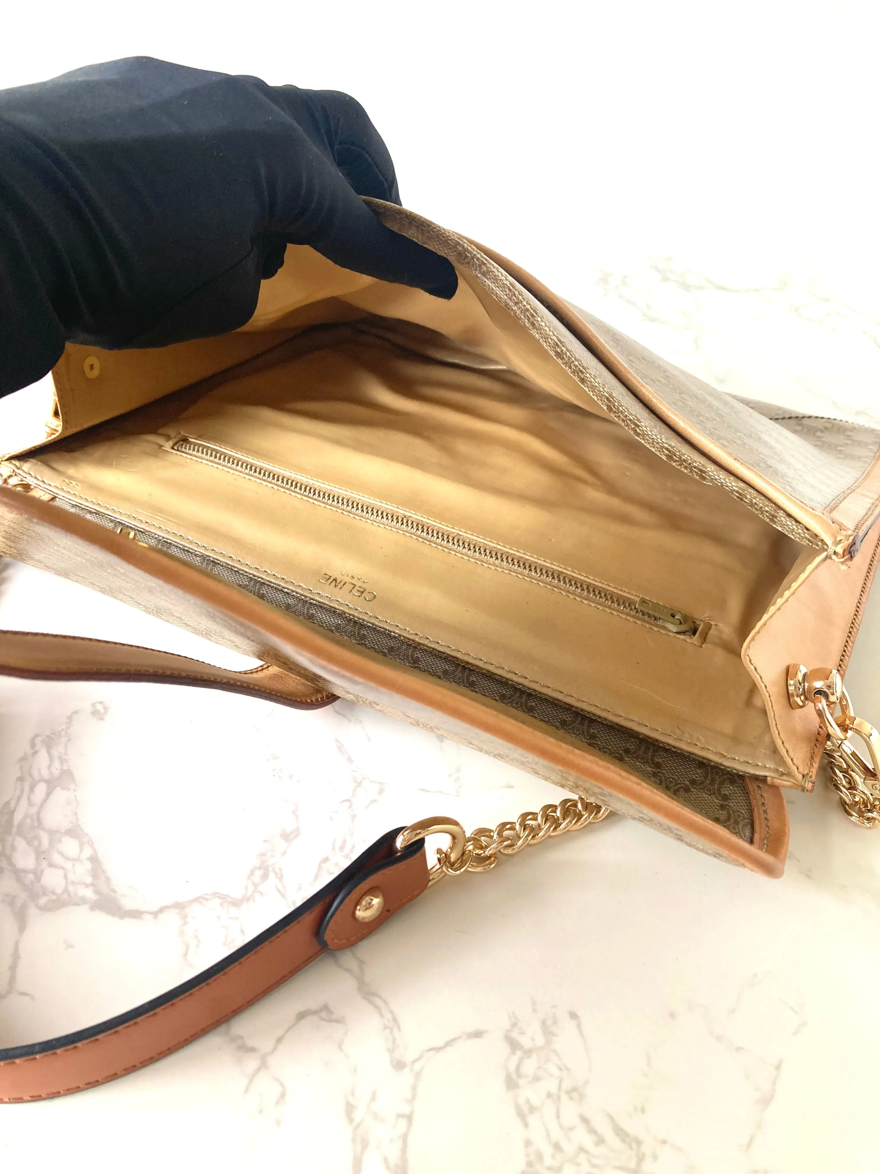 CELINE Beige Monogram Macadam Envelope Two-way Shoulder or Crossbody Bag / Clutch