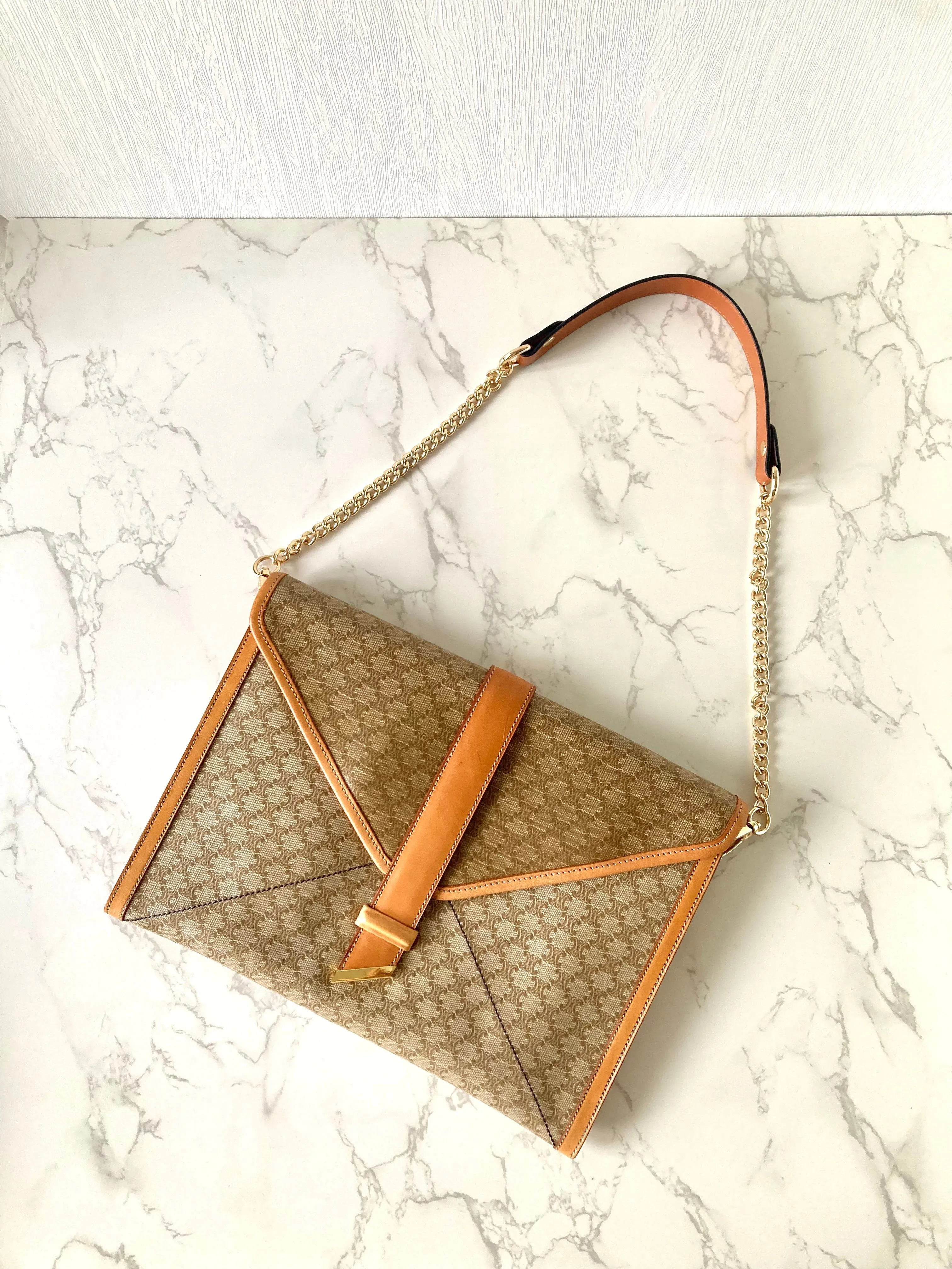 CELINE Beige Monogram Macadam Envelope Two-way Shoulder or Crossbody Bag / Clutch