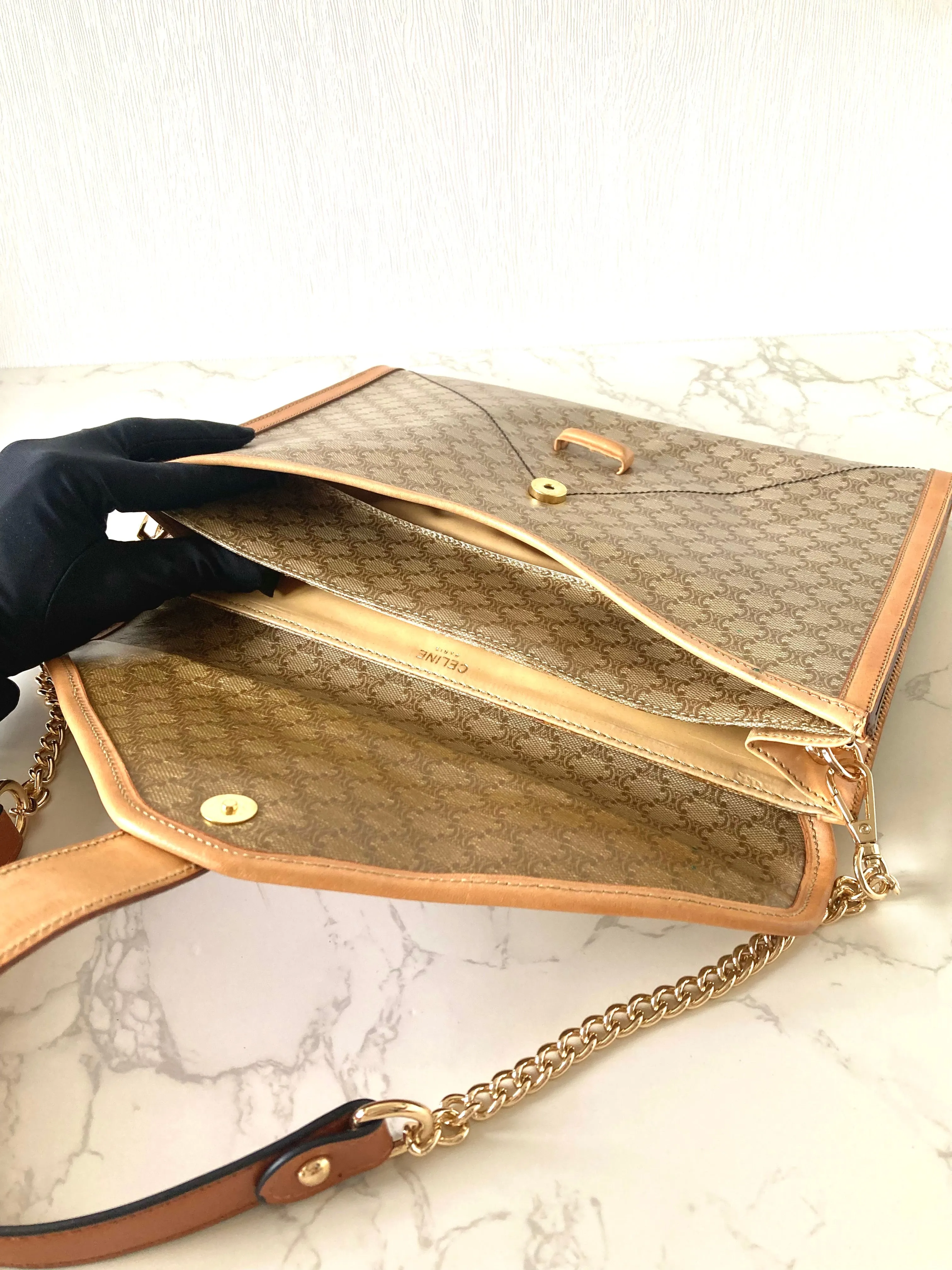 CELINE Beige Monogram Macadam Envelope Two-way Shoulder or Crossbody Bag / Clutch