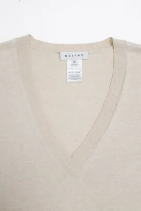 CELINE BEIGE PURE COTTON V NECK KNIT