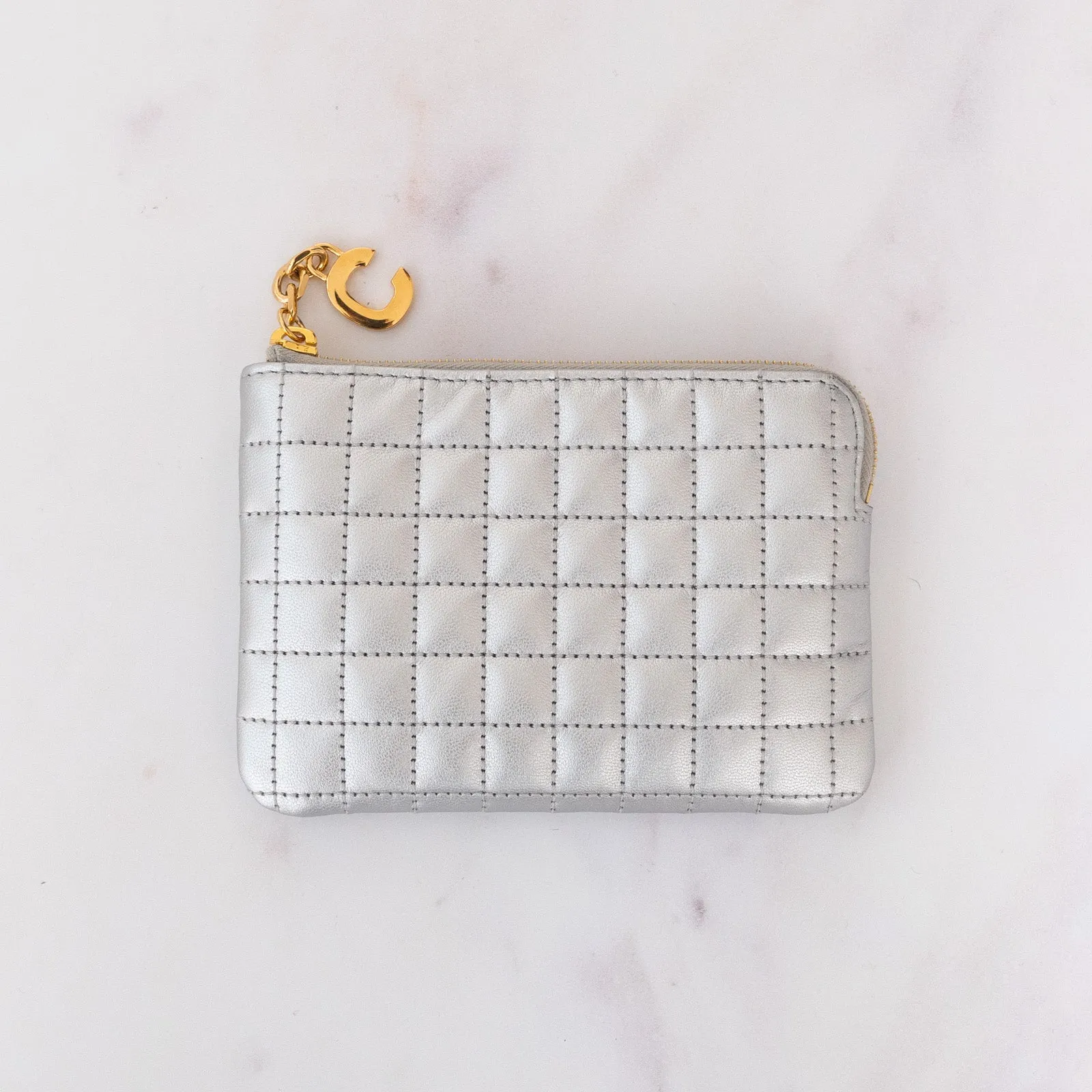 Celine C Charm Quilted Silver Leather Coin Purse