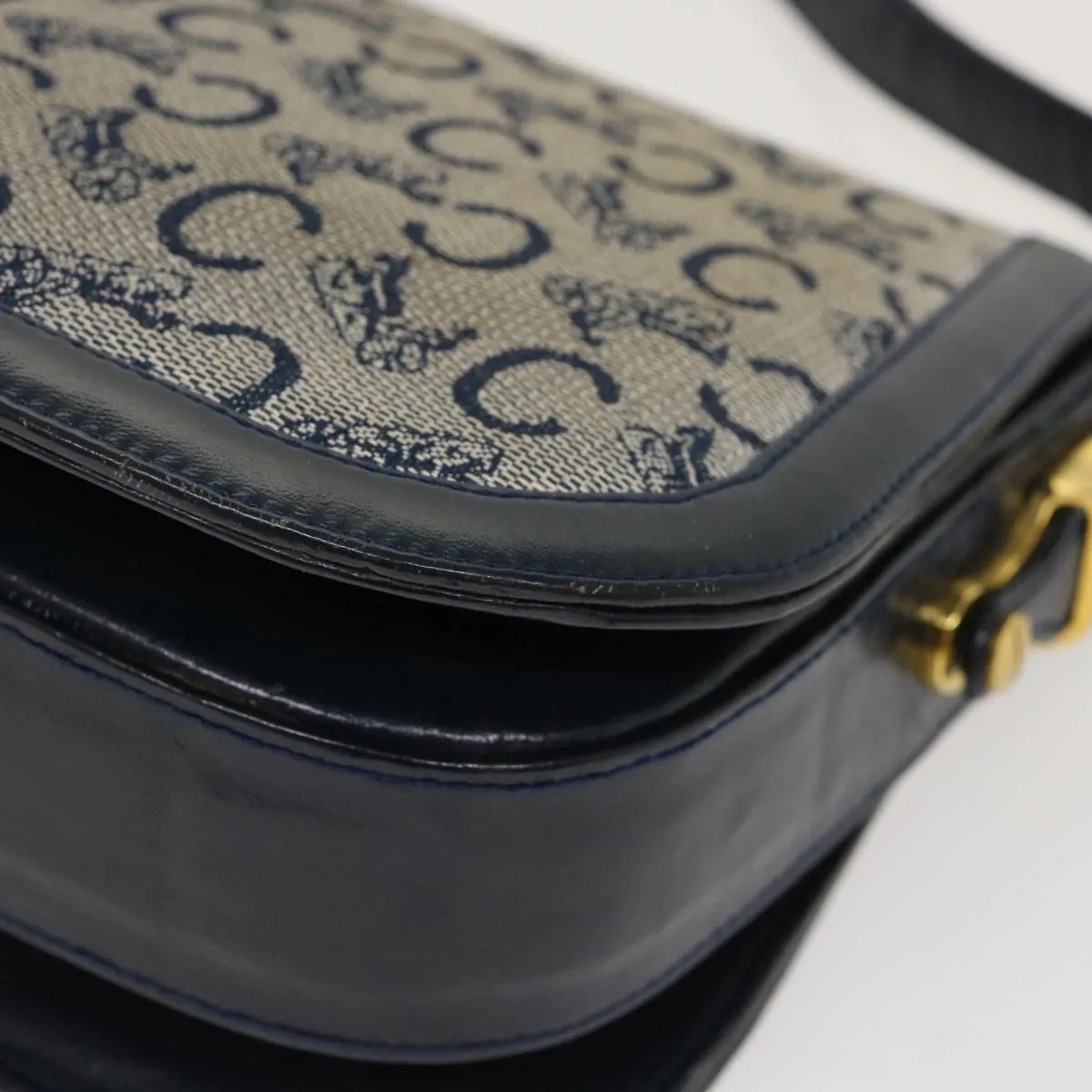 CELINE C Macadam Canvas Horse Carriage Shoulder Bag Navy Auth 39948