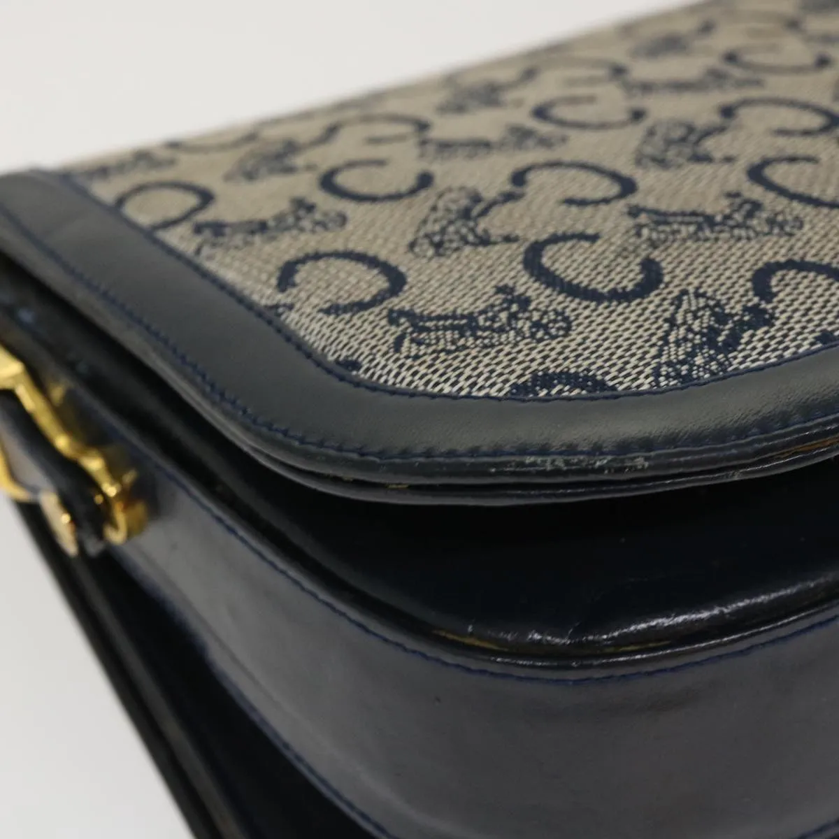CELINE C Macadam Canvas Horse Carriage Shoulder Bag Navy Auth 39948