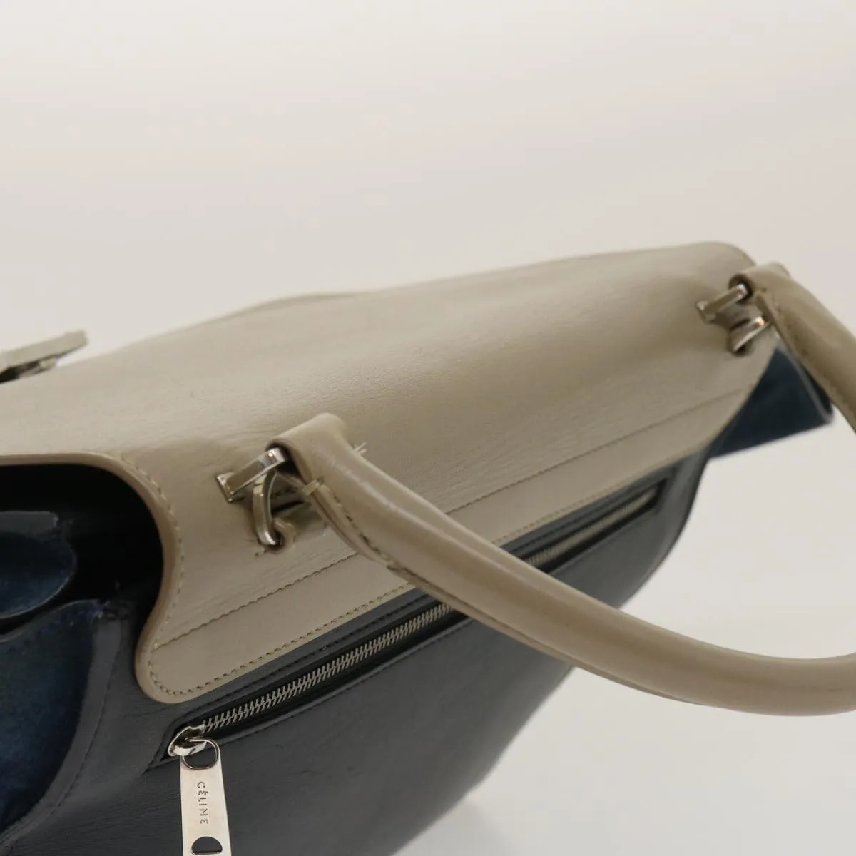 CELINE Hand Bag Leather Suede Gray Navy Auth am2375g