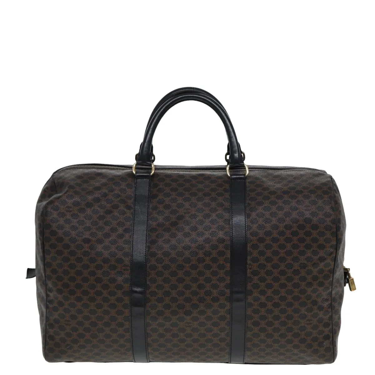 CELINE Macadam Canvas Boston Bag PVC Leather Black Brown Auth yk13042