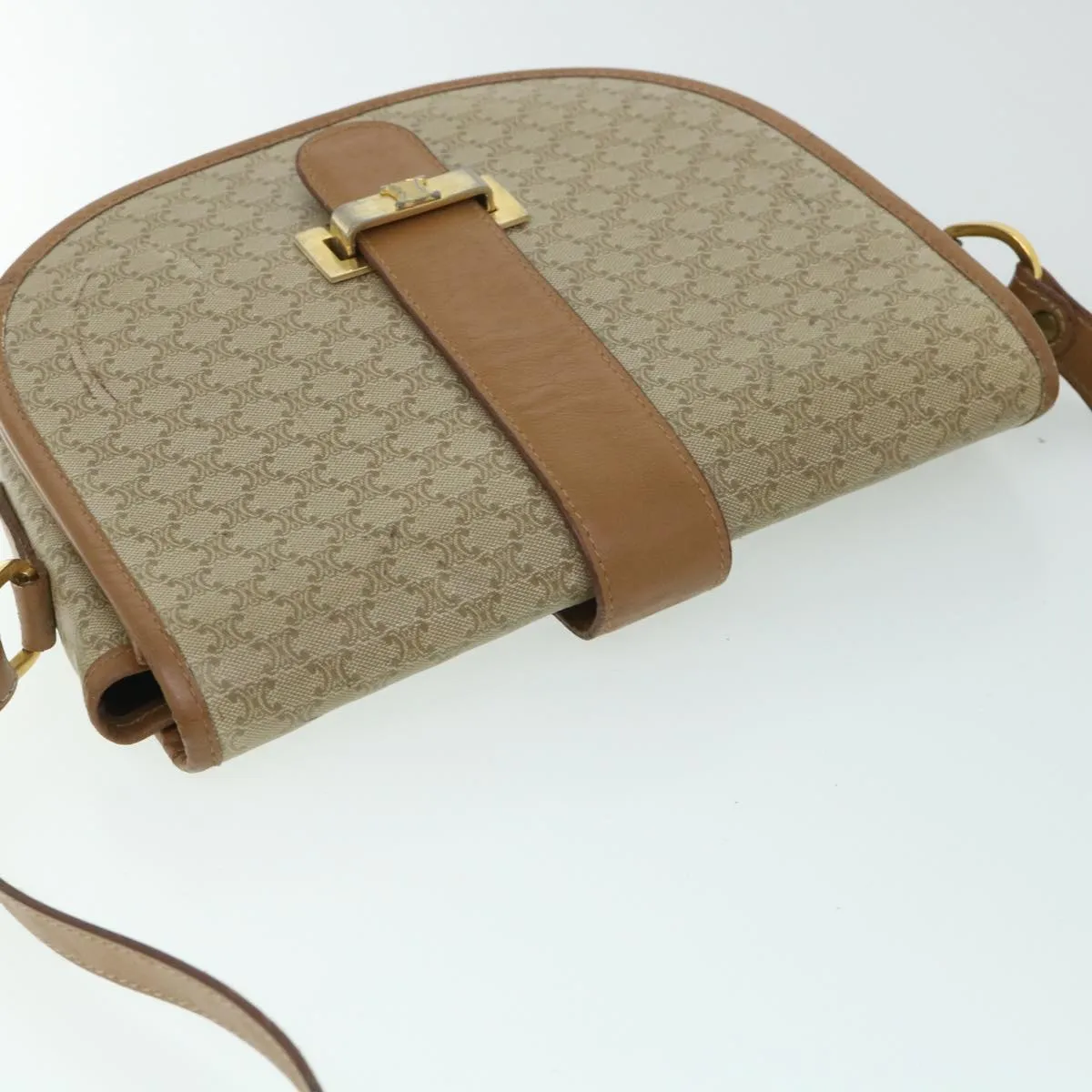 CELINE Macadam Canvas Shoulder Bag Beige Auth ar10192