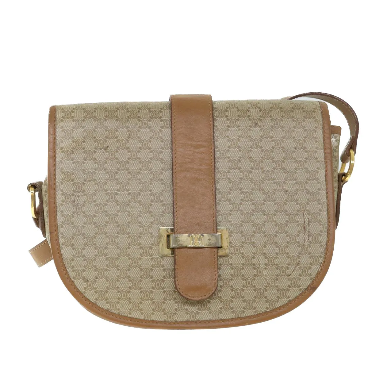 CELINE Macadam Canvas Shoulder Bag Beige Auth ar10192