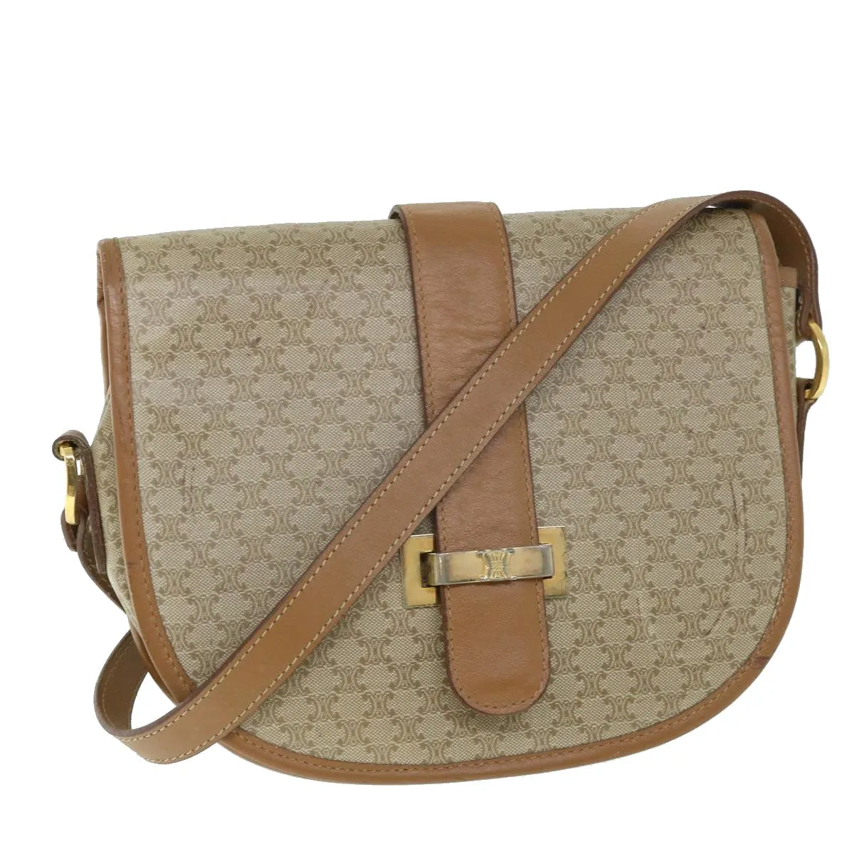 CELINE Macadam Canvas Shoulder Bag Beige Auth ar10192