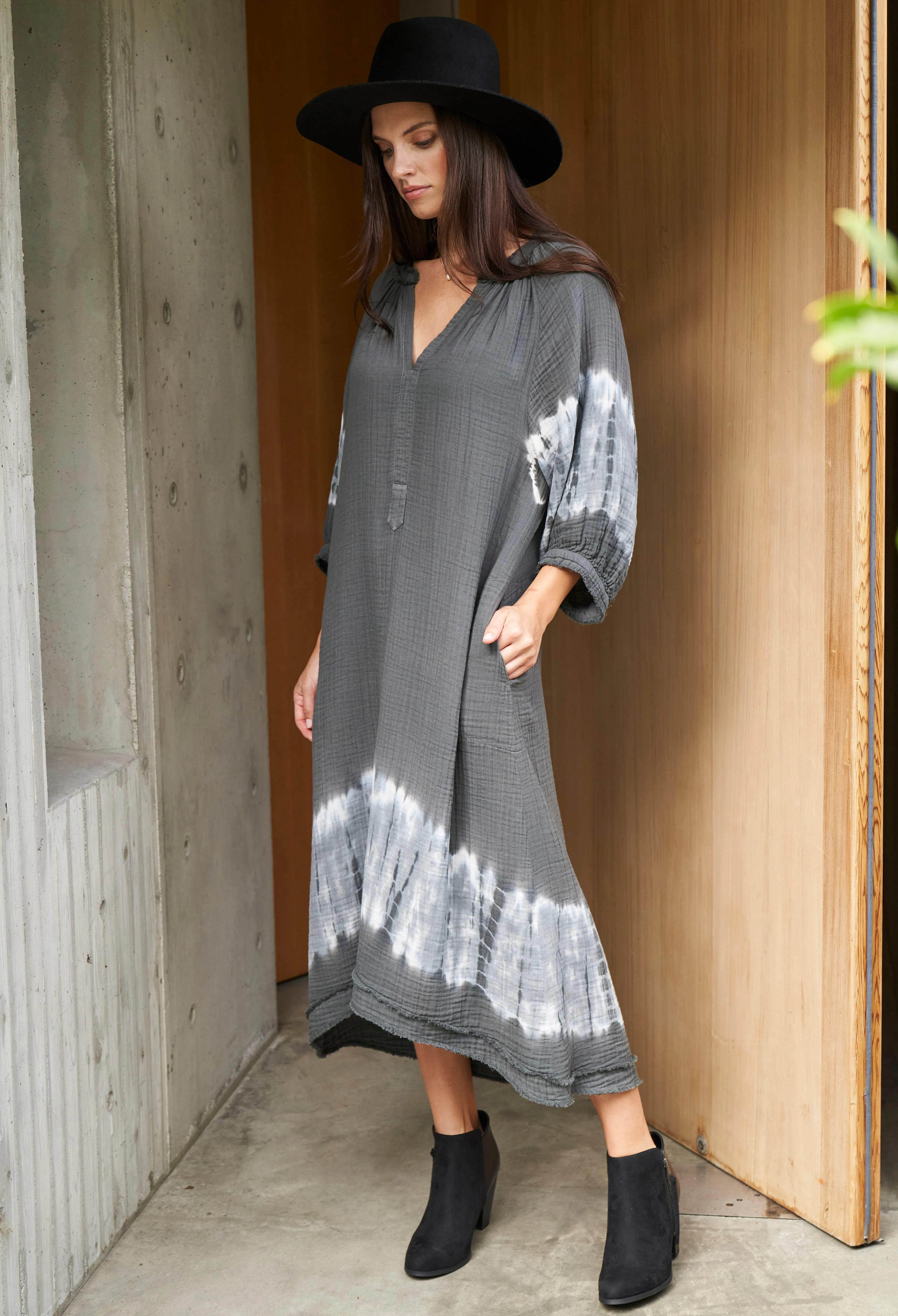 Charcoal   Light Blue Tie Dye Hem Gauze Dress with Pockets - Sale