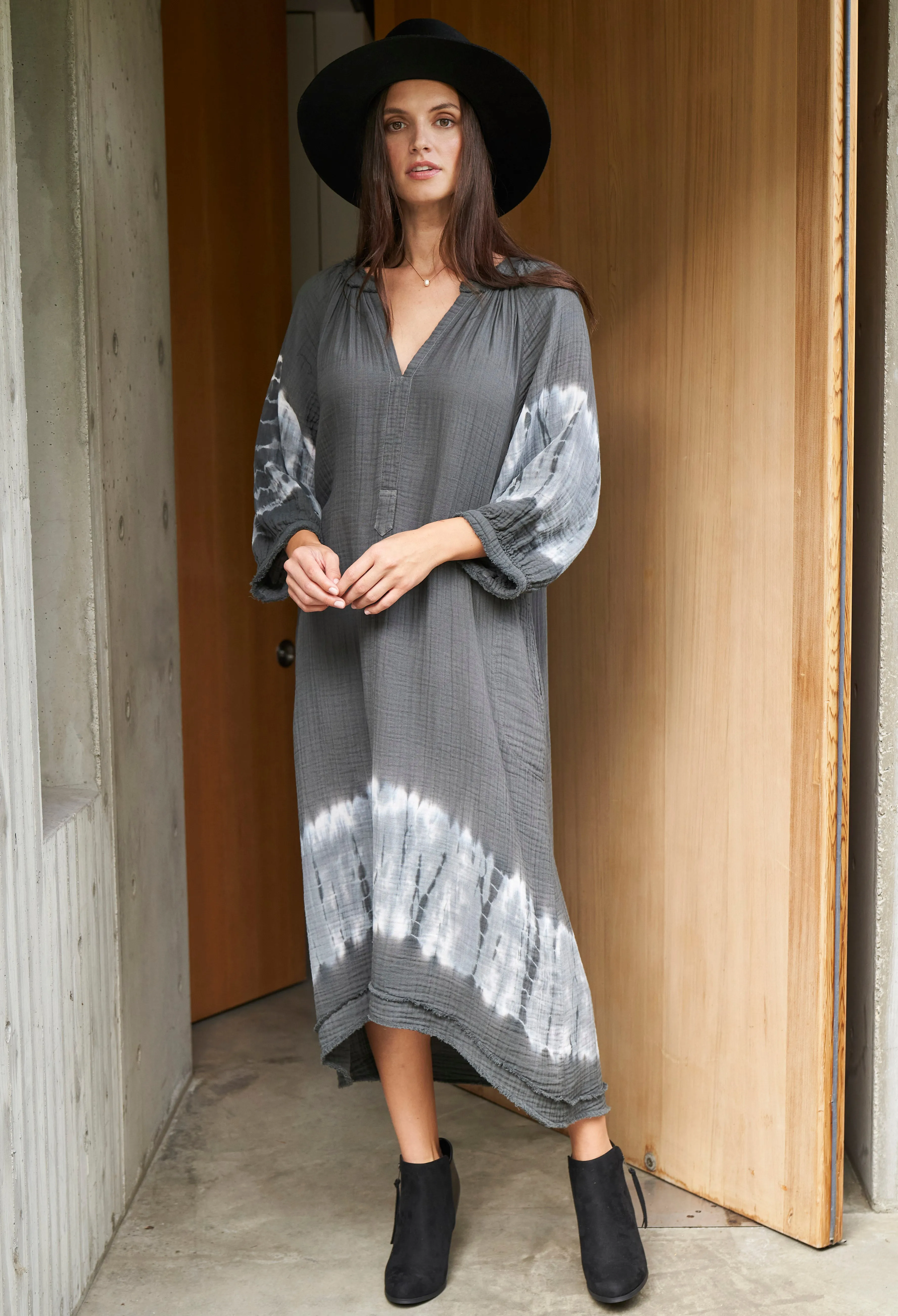 Charcoal   Light Blue Tie Dye Hem Gauze Dress with Pockets - Sale