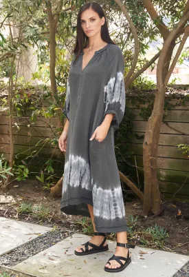 Charcoal   Light Blue Tie Dye Hem Gauze Dress with Pockets - Sale