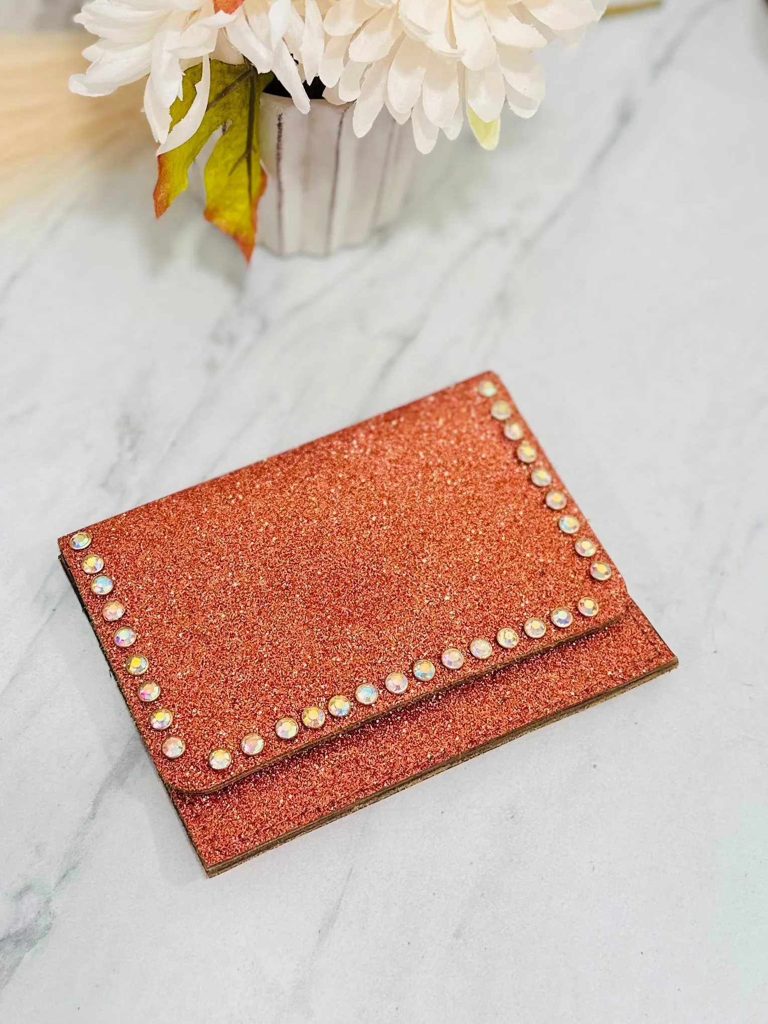 Cognac Spice Glitter Flora Wallet With Crystal Rivets