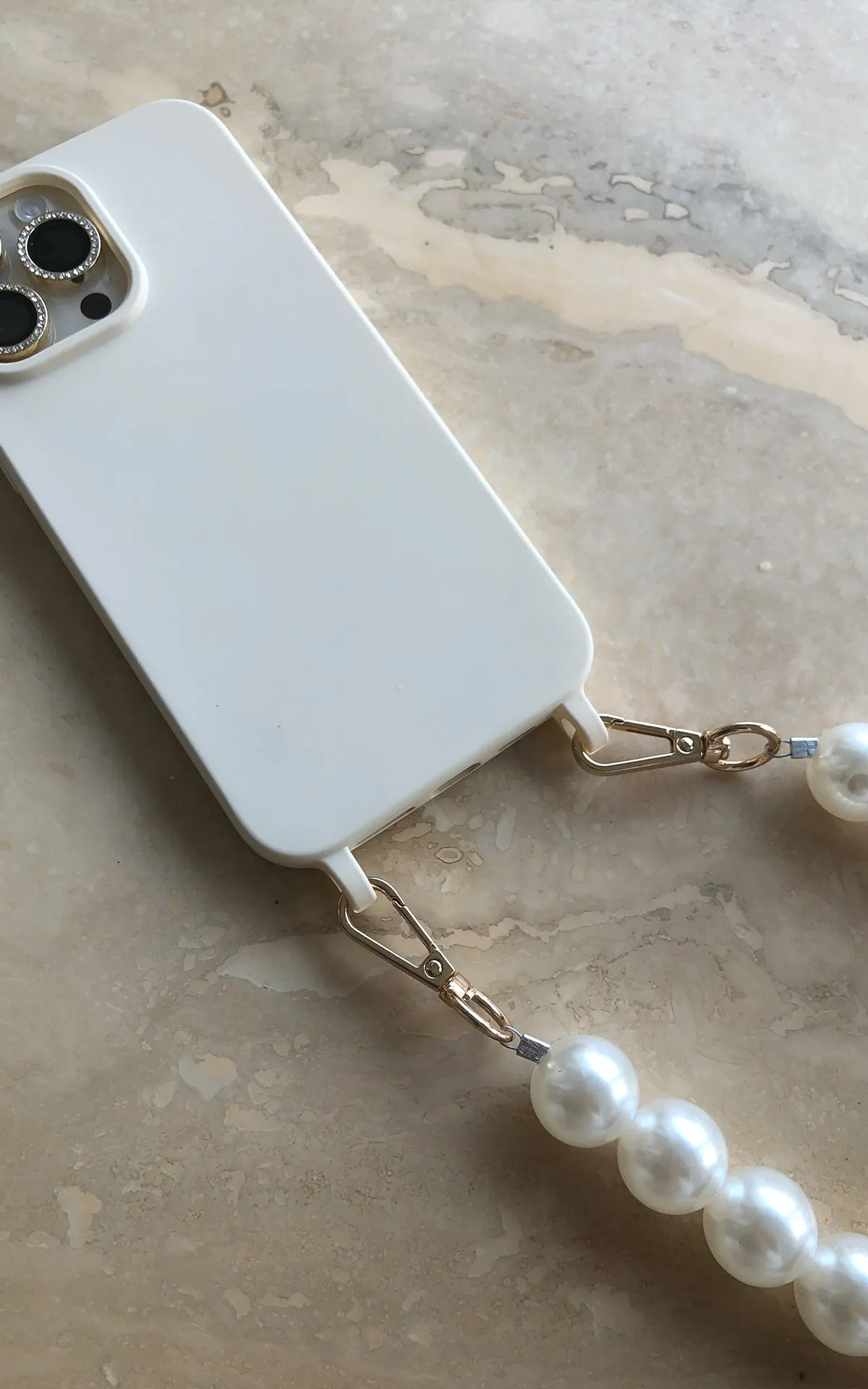 Cream iPhone Case Cover & Pearl Strap Phone Accessories
