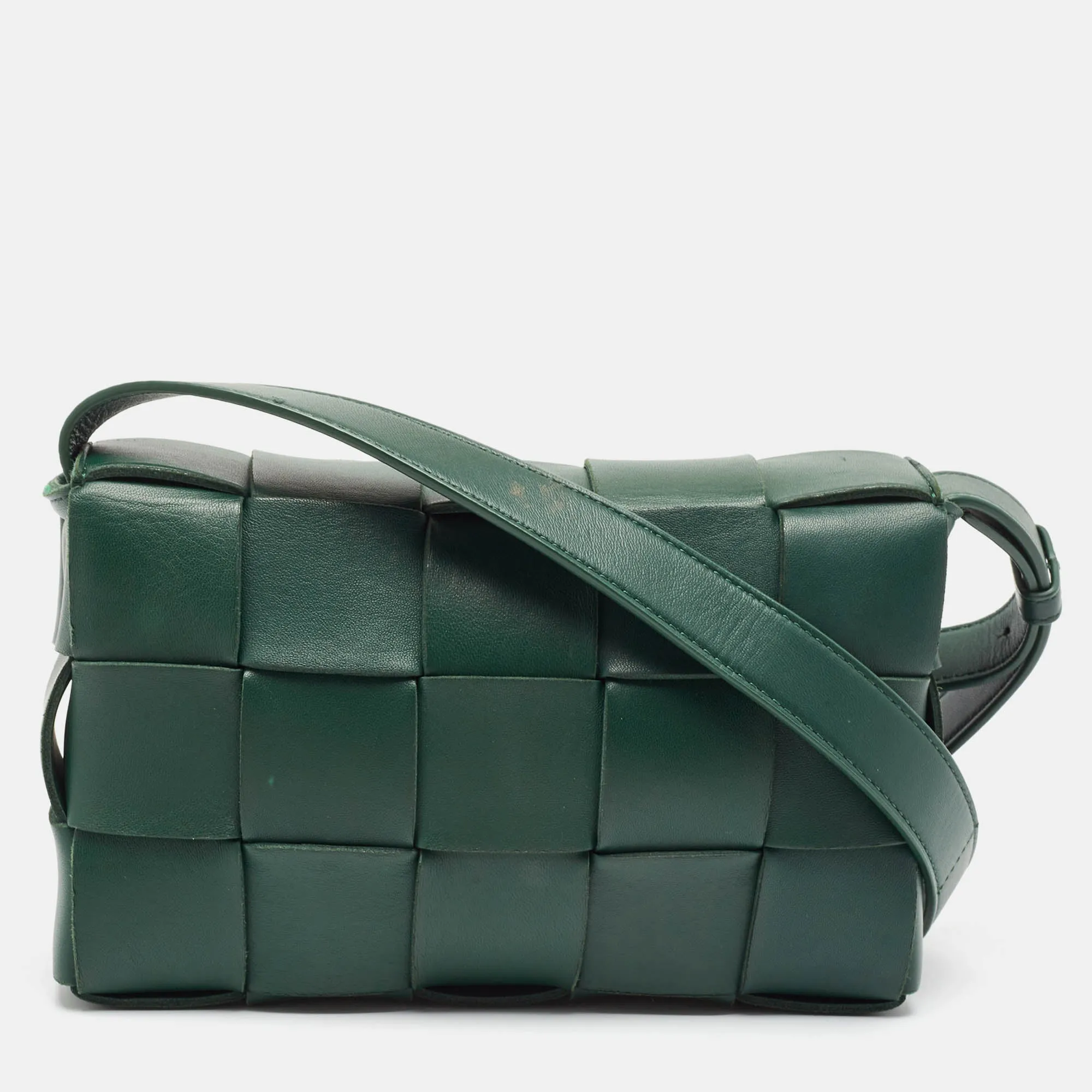 Dark Green Intreccio Leather Cassette Shoulder Bag