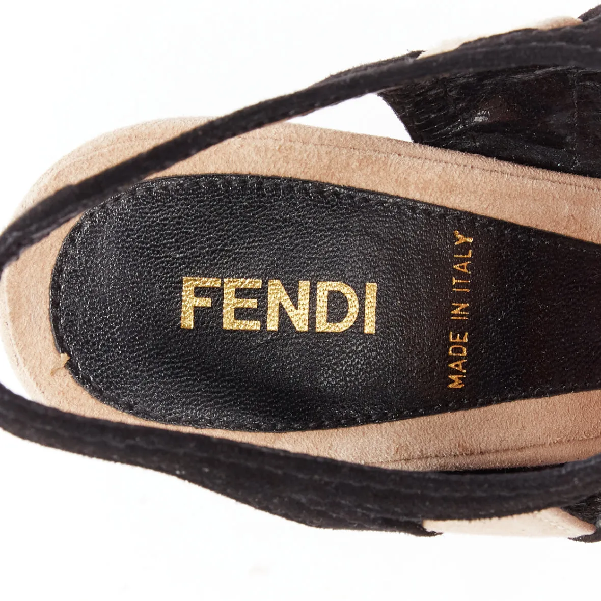 FENDI nude FF logo black suede leather architectural heel platform EU36