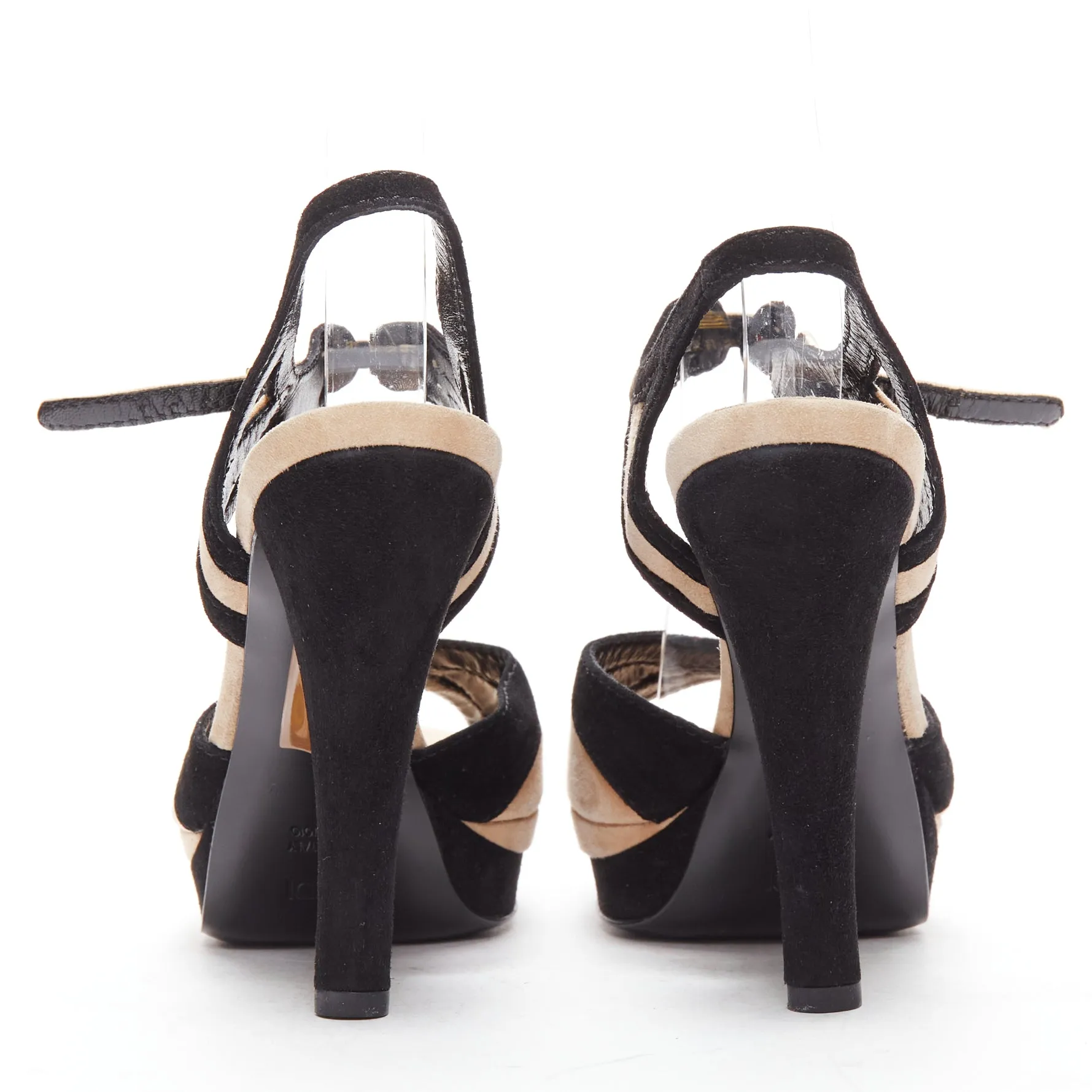 FENDI nude FF logo black suede leather architectural heel platform EU36
