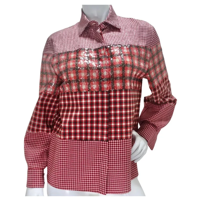 Fendi Red Plaid Sequin Button-Up Shirt
