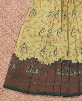 Green jacquard design litchi saree, contrast unique design border & pallu of intricate jaal designs