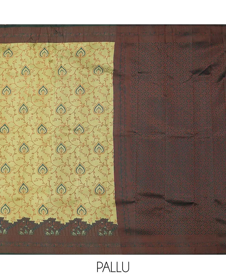 Green jacquard design litchi saree, contrast unique design border & pallu of intricate jaal designs