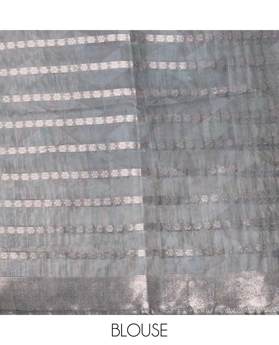 Grey argyle printed semi banaras organza saree with buttas, self-border of unique designs & pallu of intricate designs