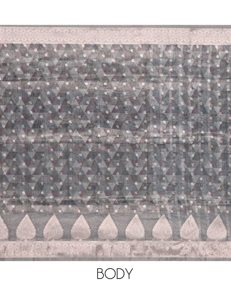 Grey argyle printed semi banaras organza saree with buttas, self-border of unique designs & pallu of intricate designs
