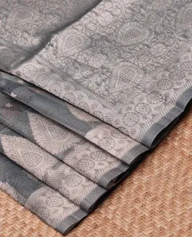 Grey argyle printed semi banaras organza saree with buttas, self-border of unique designs & pallu of intricate designs