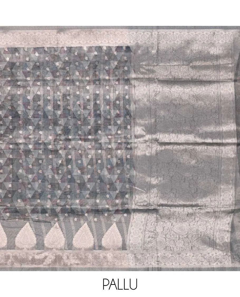 Grey argyle printed semi banaras organza saree with buttas, self-border of unique designs & pallu of intricate designs
