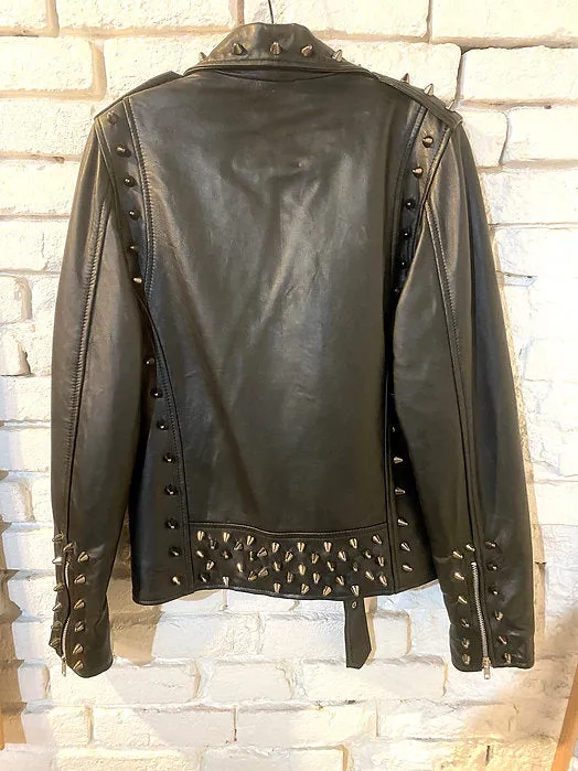High Quality Mens Lambskin Leather Jacket w Black Studs, M