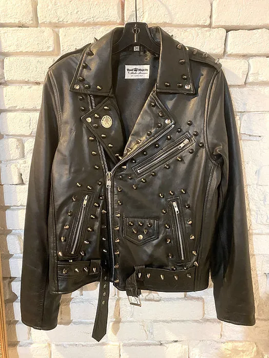 High Quality Mens Lambskin Leather Jacket w Black Studs, M